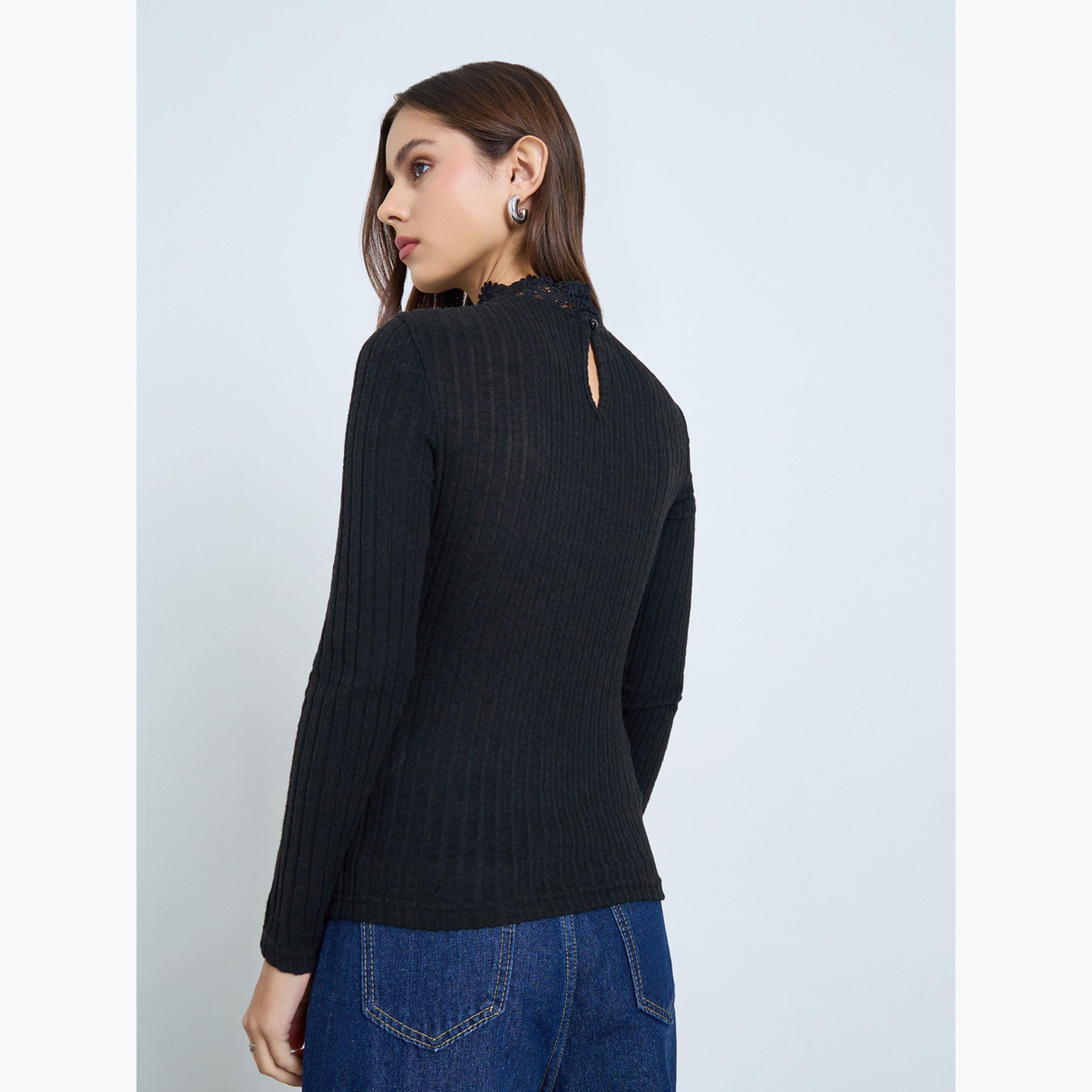 تيك تو - بلوزة بأكمام طويلة وتفاصيل دانتيل لون الأسود-women-clothing-shirtsandblouses-blouses-image-4