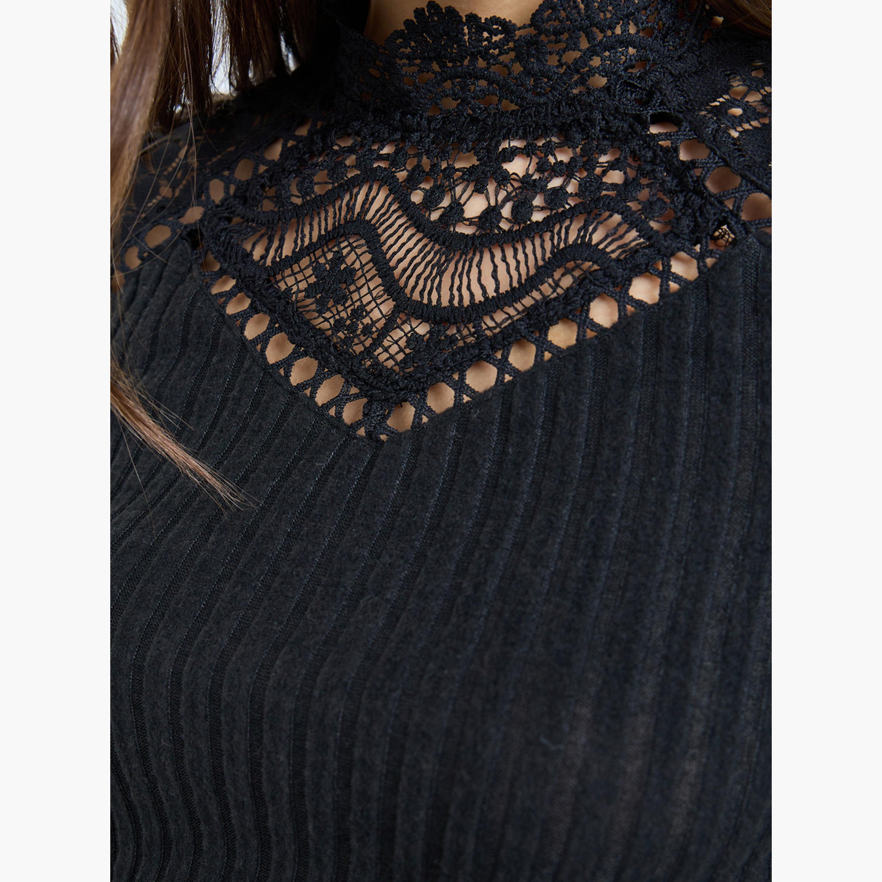 تيك تو - بلوزة بأكمام طويلة وتفاصيل دانتيل لون الأسود-women-clothing-shirtsandblouses-blouses-image-5