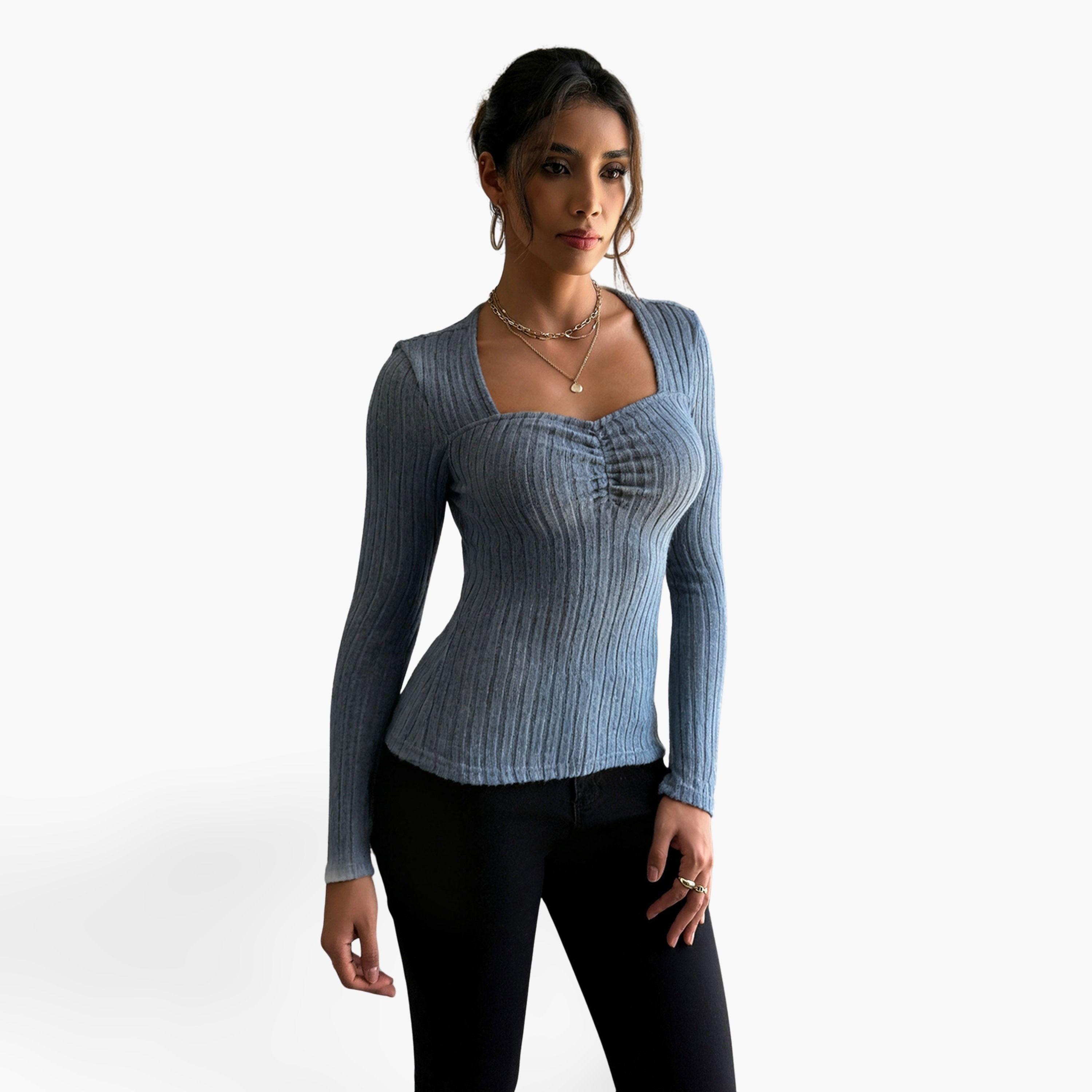 تيك تو - بلوزة نسائية زرقاء بأكمام طويلة ومضلعة-women-clothing-shirtsandblouses-blouses-image-1