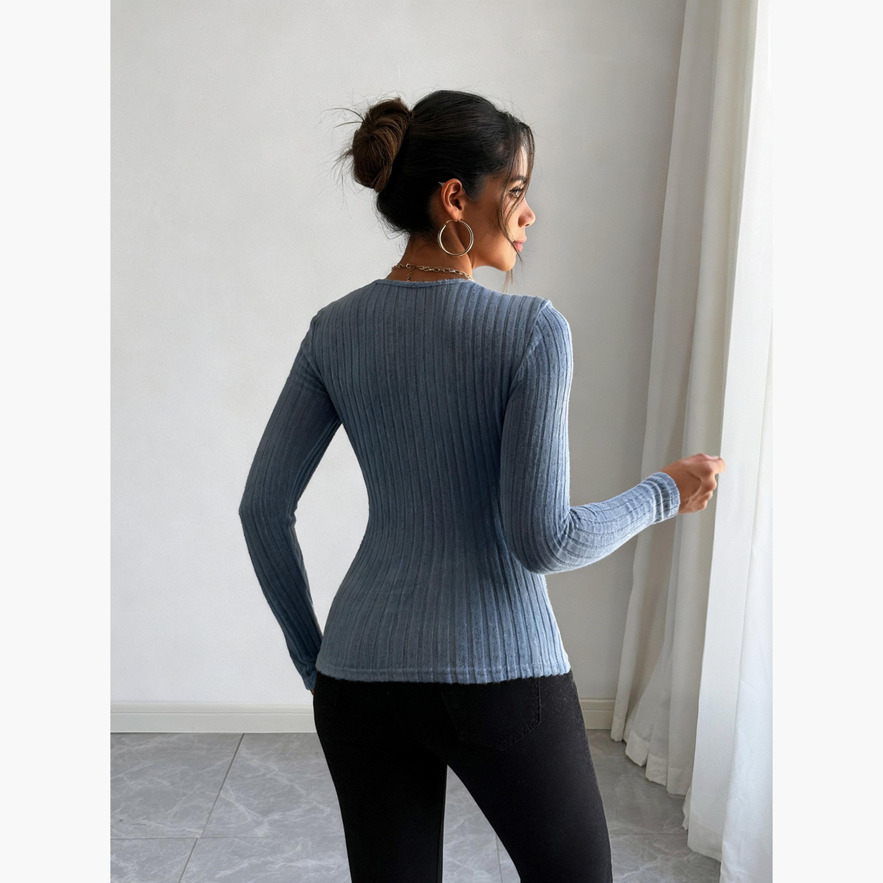 تيك تو - بلوزة نسائية زرقاء بأكمام طويلة ومضلعة-women-clothing-shirtsandblouses-blouses-image-2