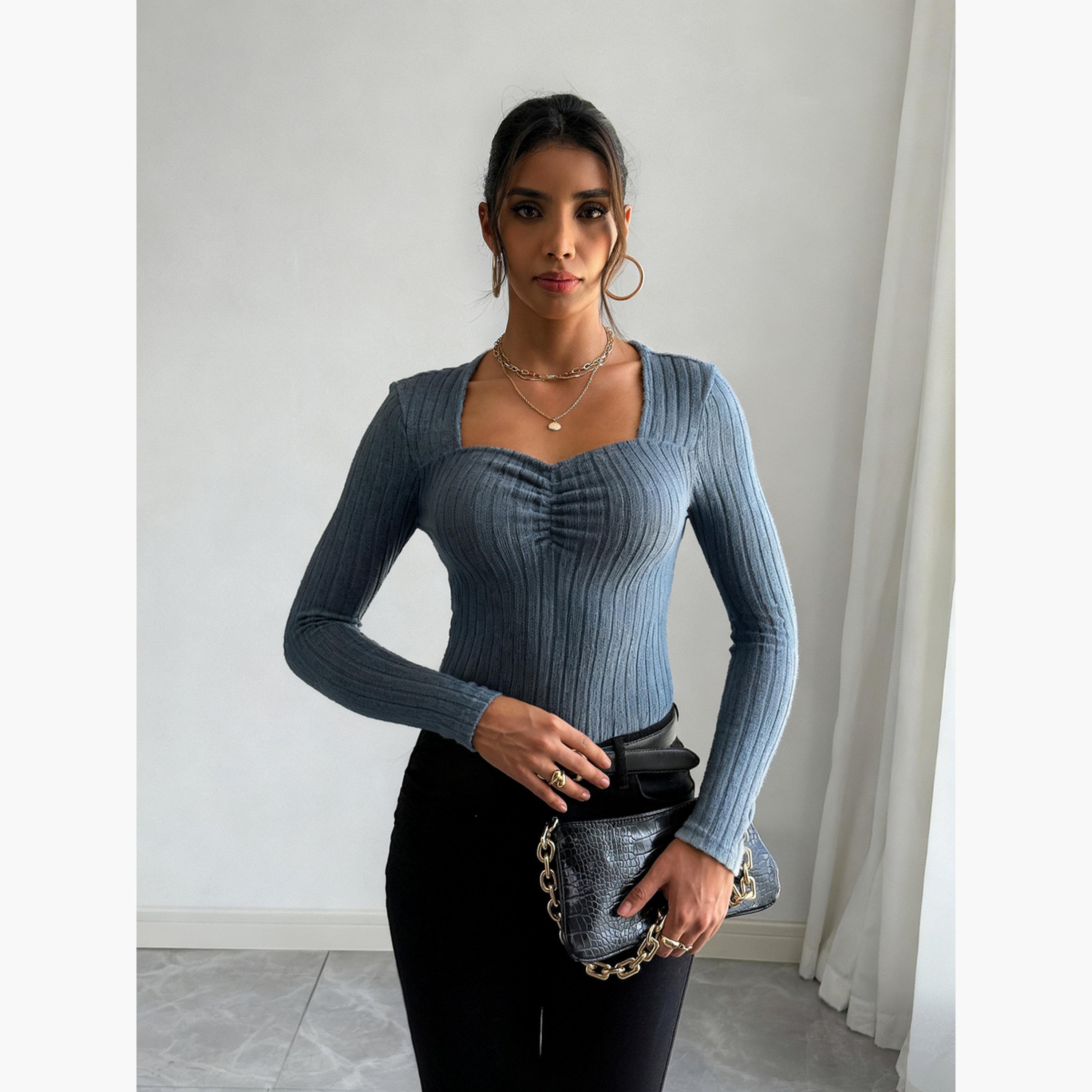 تيك تو - بلوزة نسائية زرقاء بأكمام طويلة ومضلعة-women-clothing-shirtsandblouses-blouses-image-3