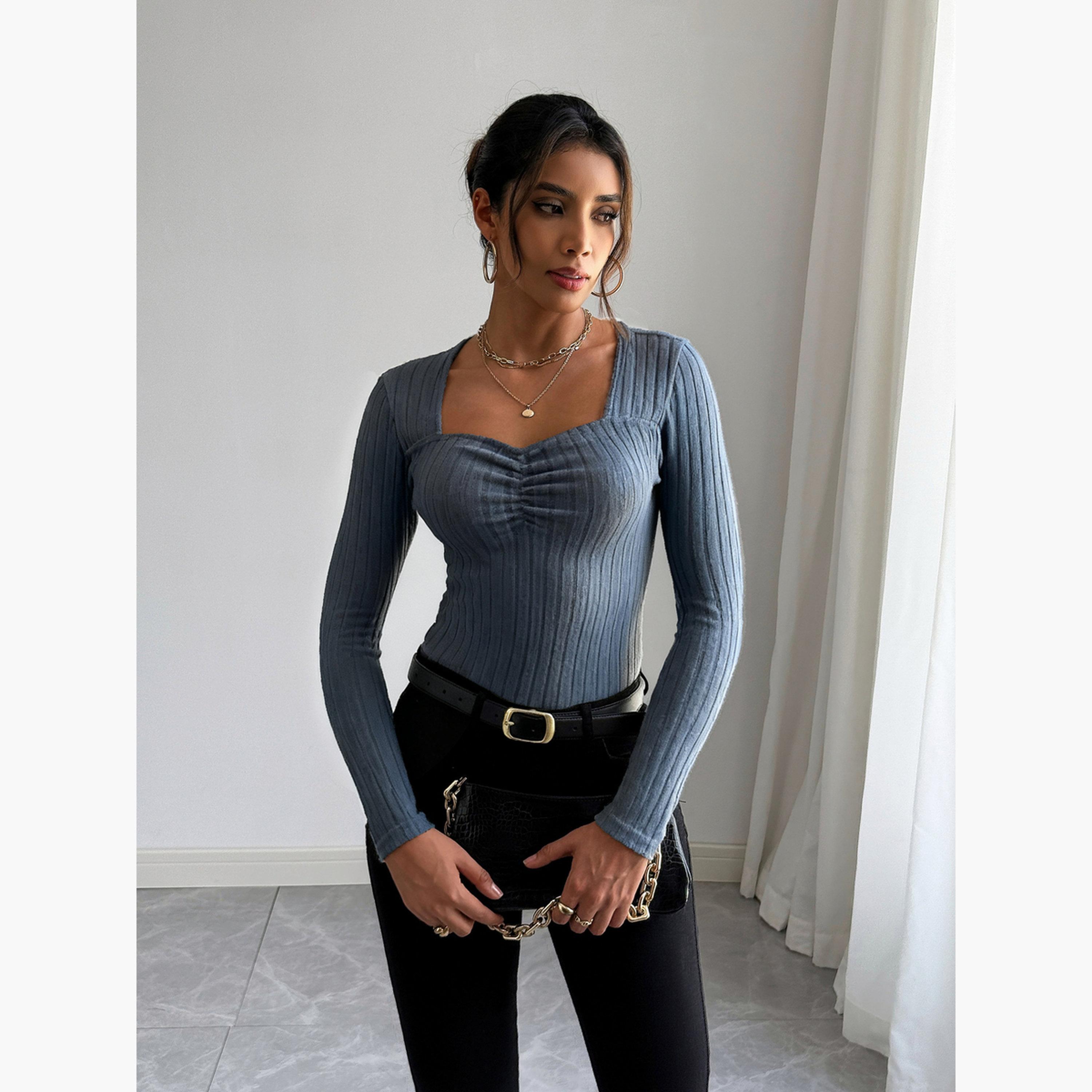 تيك تو - بلوزة نسائية زرقاء بأكمام طويلة ومضلعة-women-clothing-shirtsandblouses-blouses-image-4