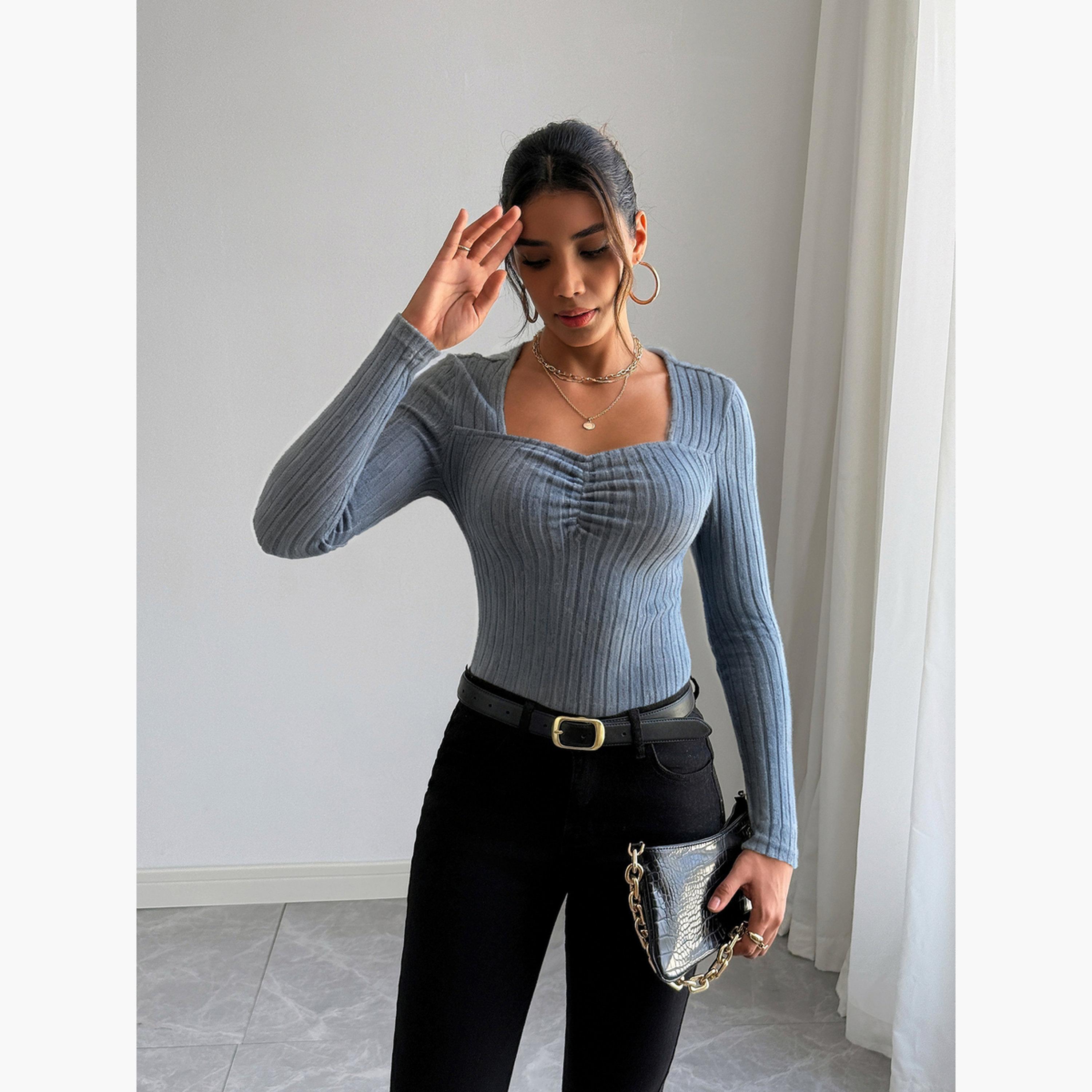 تيك تو - بلوزة نسائية زرقاء بأكمام طويلة ومضلعة-women-clothing-shirtsandblouses-blouses-image-5