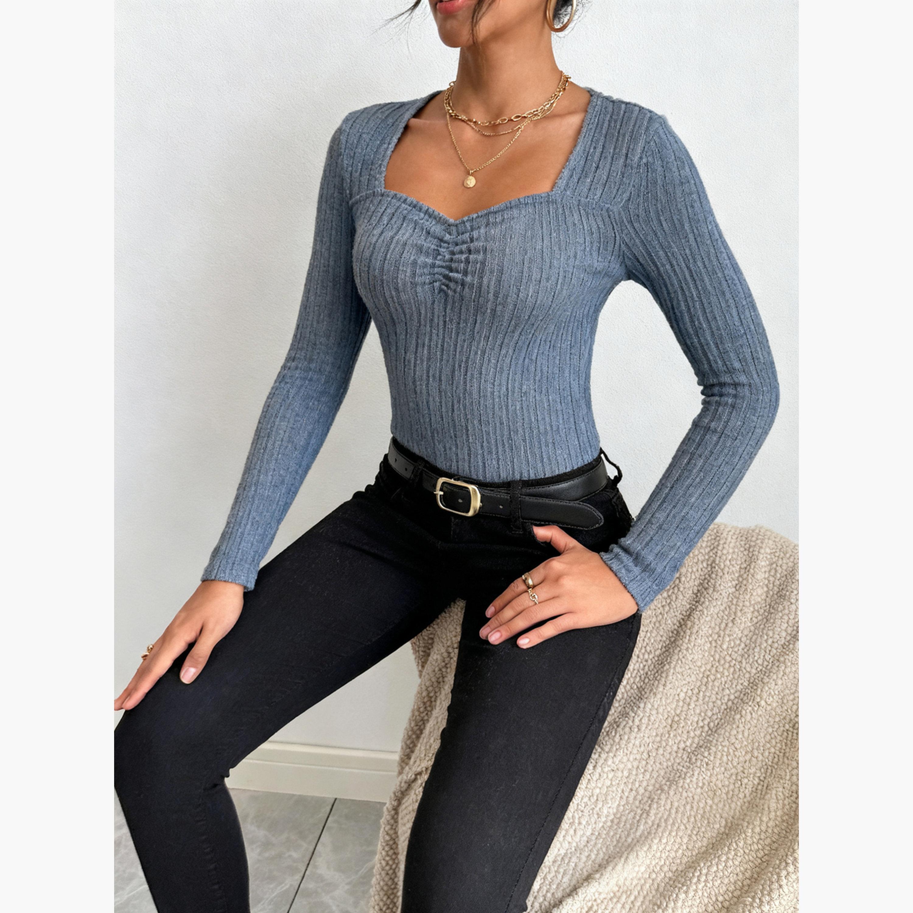 تيك تو - بلوزة نسائية زرقاء بأكمام طويلة ومضلعة-women-clothing-shirtsandblouses-blouses-image-6