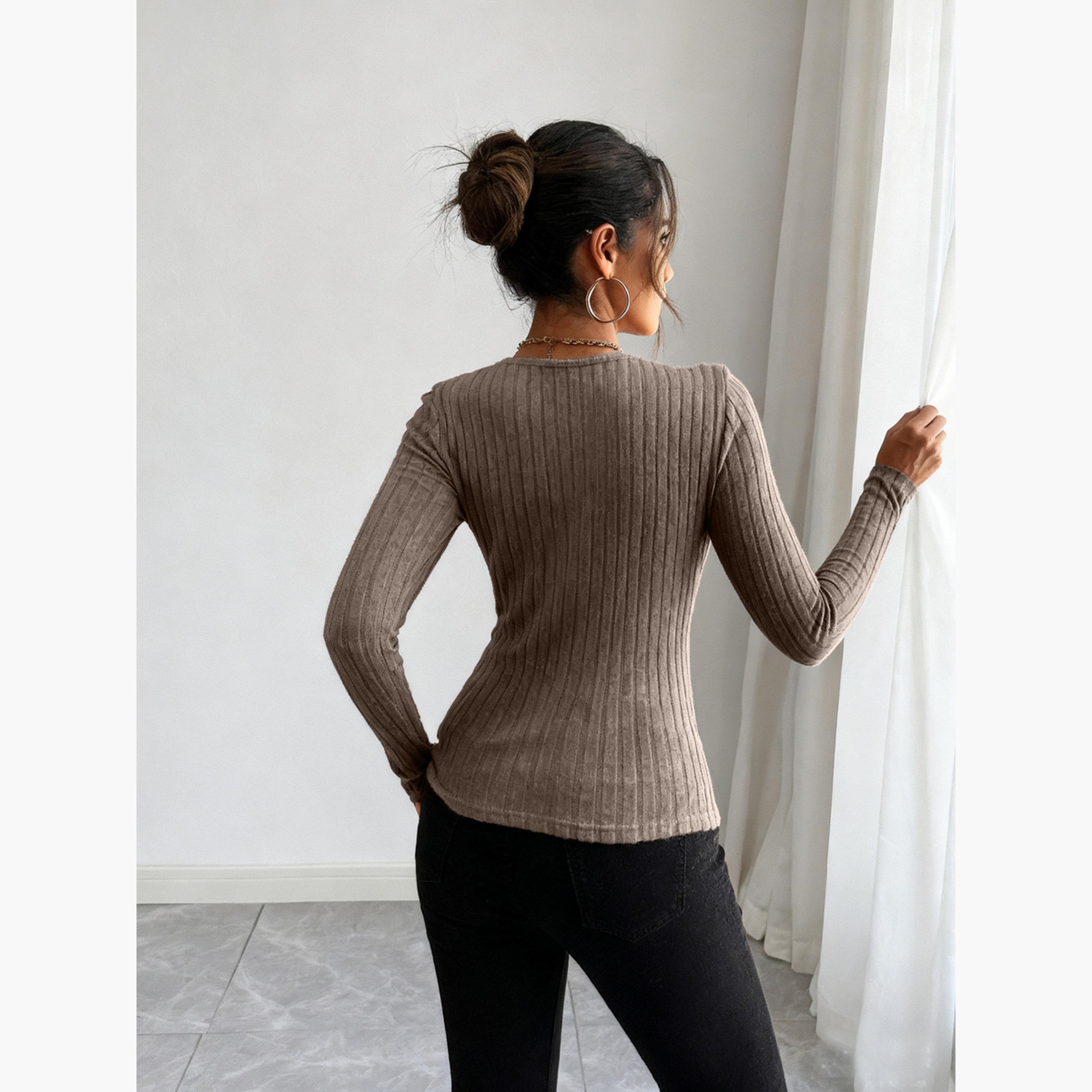 Take Two Women Coffee Brown Long Sleeve Ribbed Top-women-clothing-shirtsandblouses-blouses-image-2