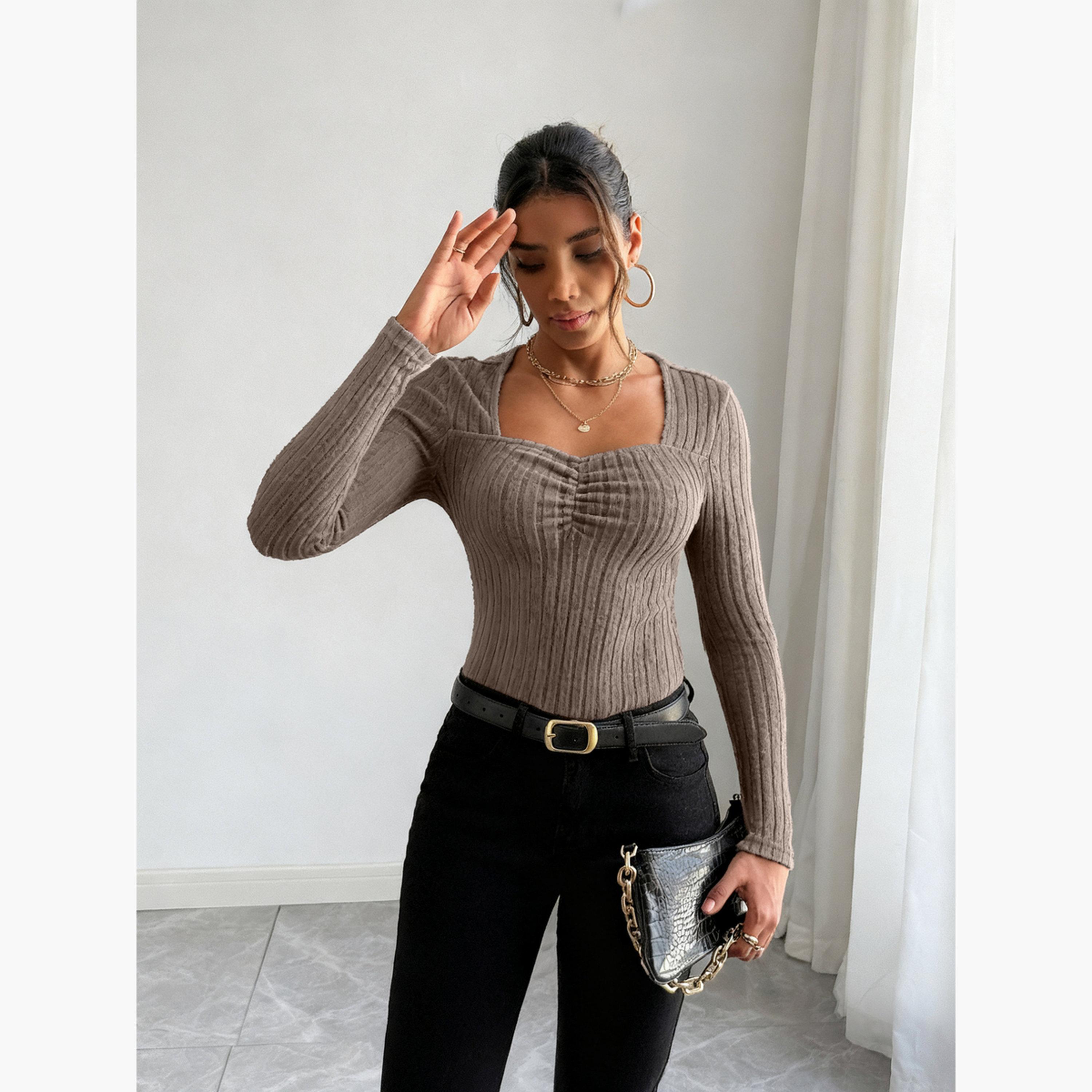 Take Two Women Coffee Brown Long Sleeve Ribbed Top-women-clothing-shirtsandblouses-blouses-image-3