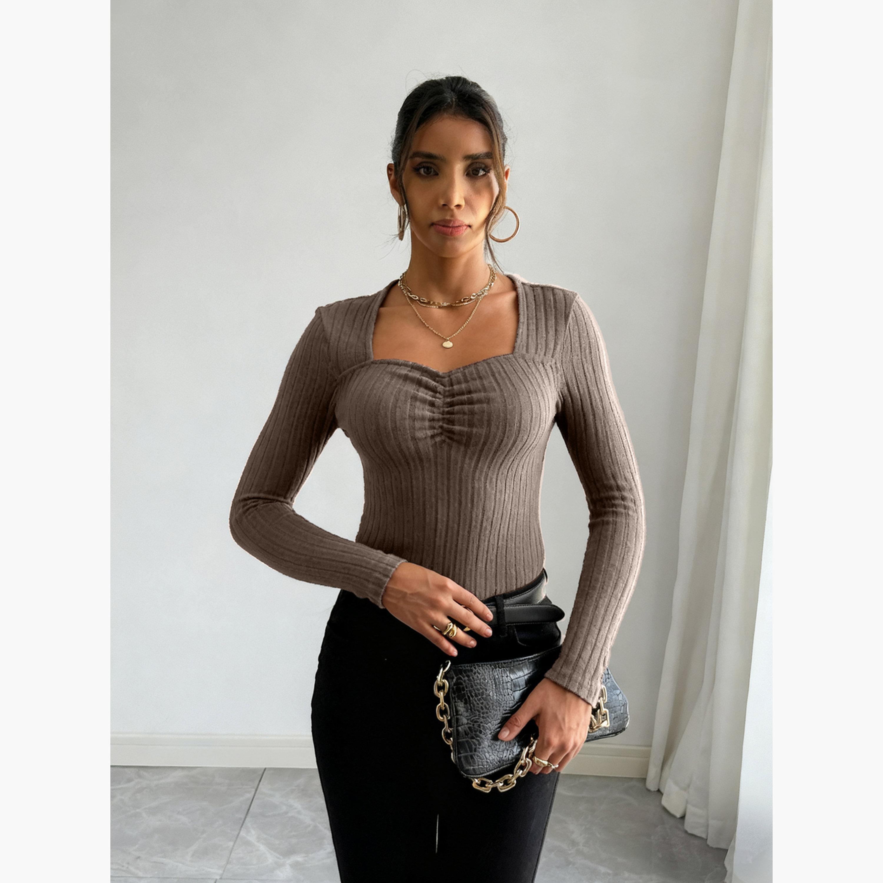 Take Two Women Coffee Brown Long Sleeve Ribbed Top-women-clothing-shirtsandblouses-blouses-image-4