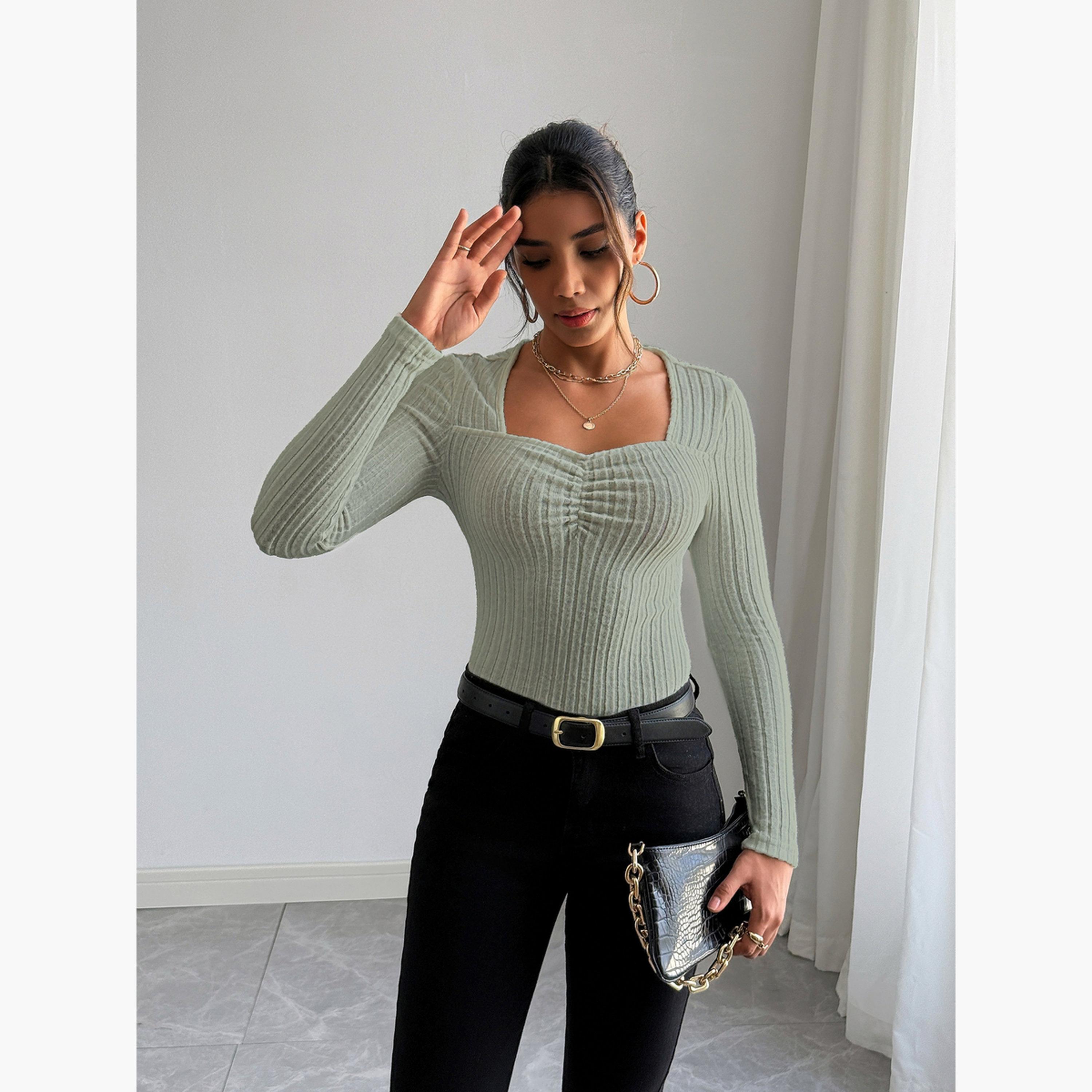 تيك تو - بلوزة نسائية بأكمام طويلة لون أخضر-women-clothing-shirtsandblouses-blouses-image-2
