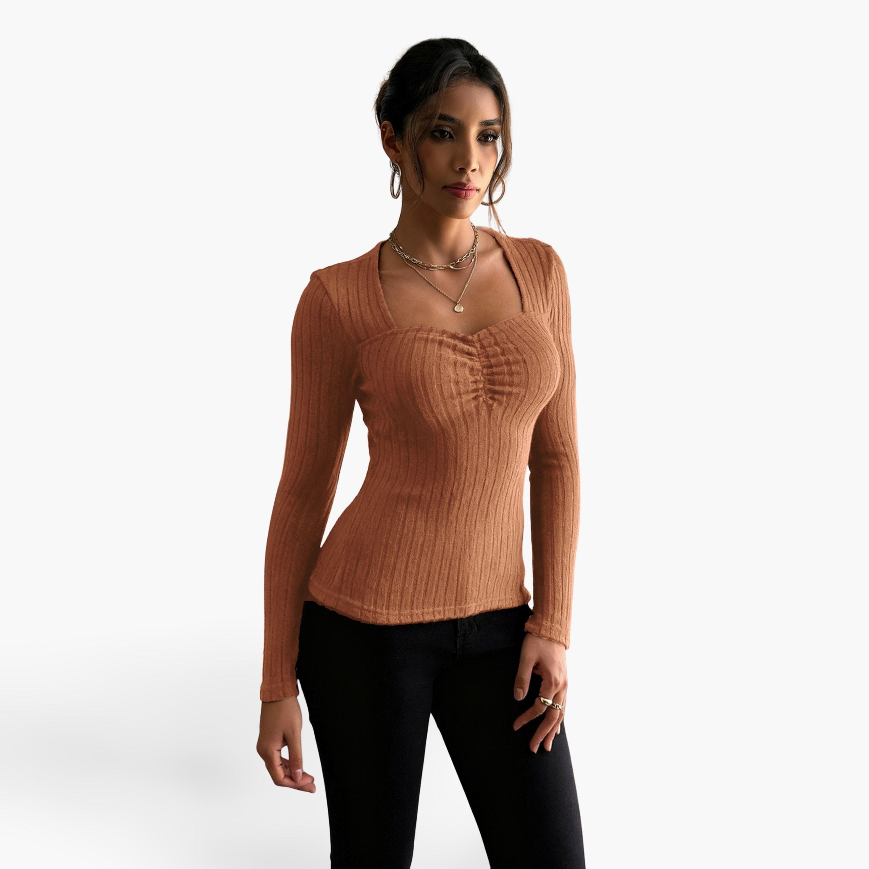 تيك تو - بلوزة نسائية برتقالية بأكمام طويلة ومضلعة-women-clothing-shirtsandblouses-blouses-image-1