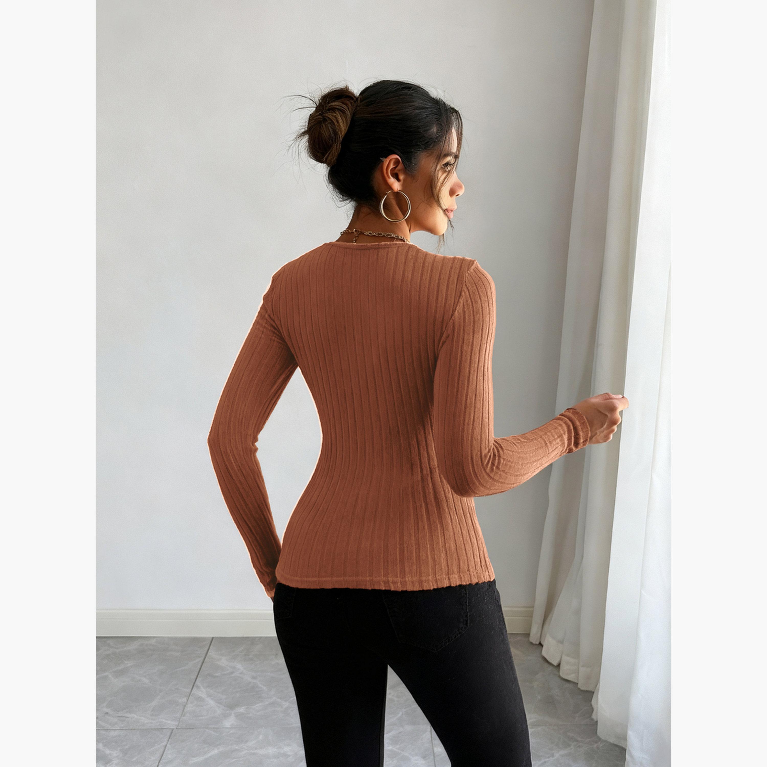 تيك تو - بلوزة نسائية برتقالية بأكمام طويلة ومضلعة-women-clothing-shirtsandblouses-blouses-image-2
