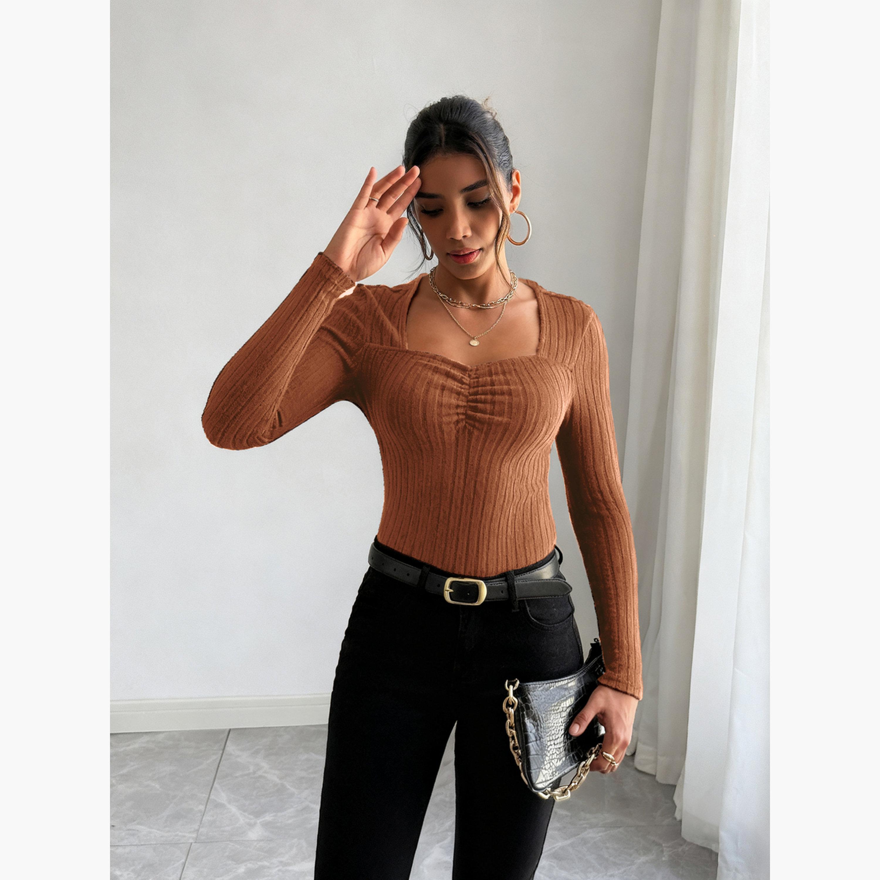 تيك تو - بلوزة نسائية برتقالية بأكمام طويلة ومضلعة-women-clothing-shirtsandblouses-blouses-image-3