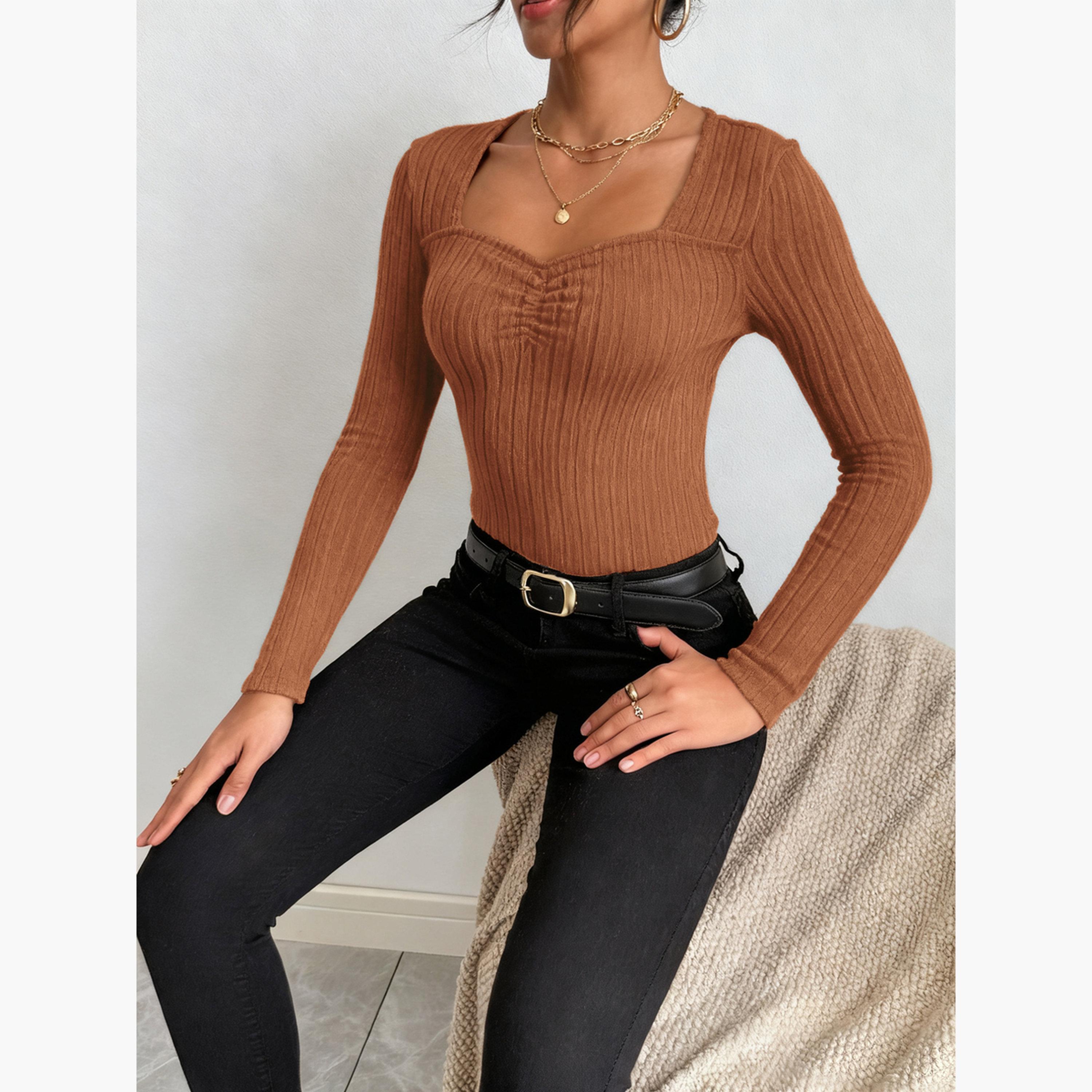 تيك تو - بلوزة نسائية برتقالية بأكمام طويلة ومضلعة-women-clothing-shirtsandblouses-blouses-image-5