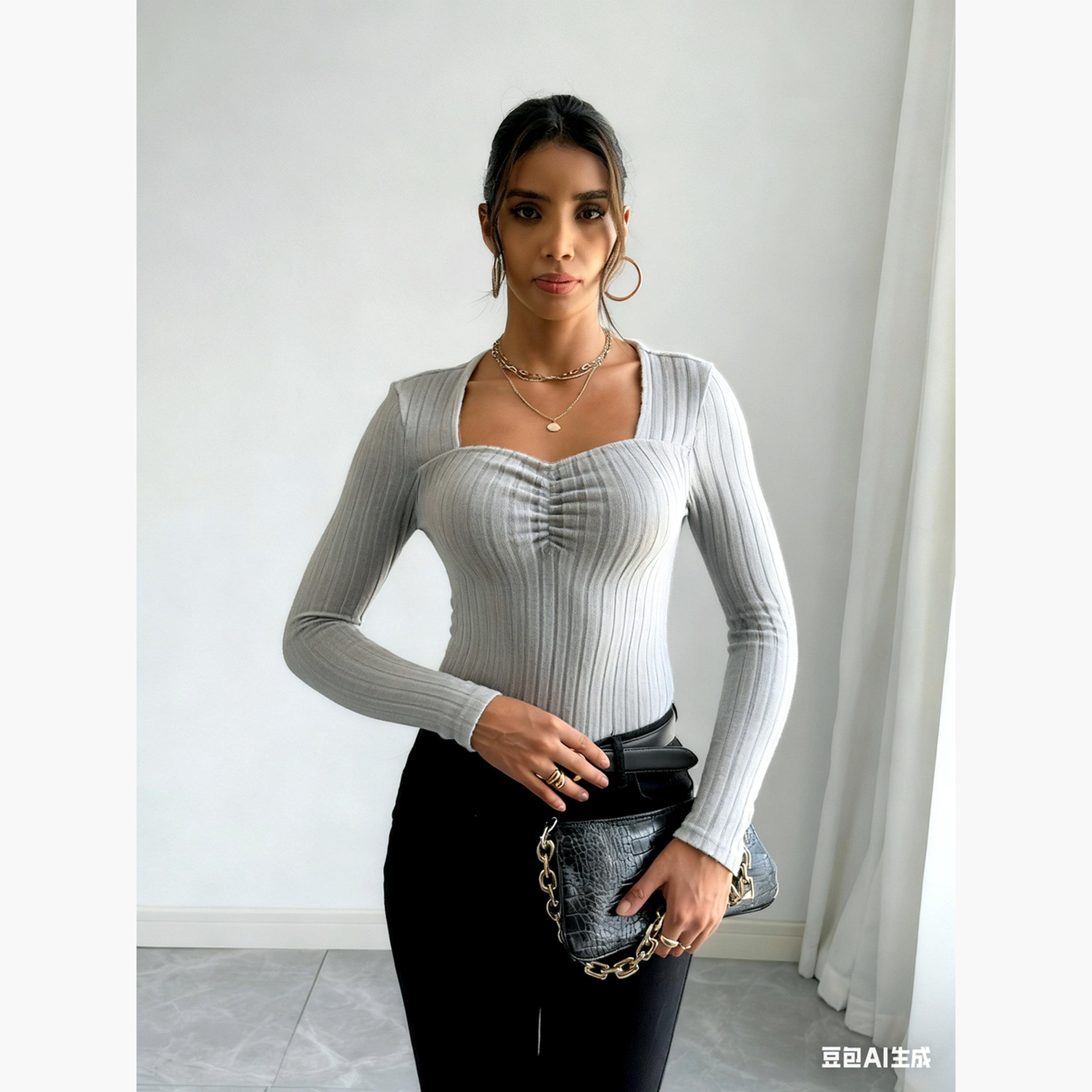 تيك تو - بلوزة نسائية سادة مضلعة برقبة مربعة-women-clothing-shirtsandblouses-blouses-image-4