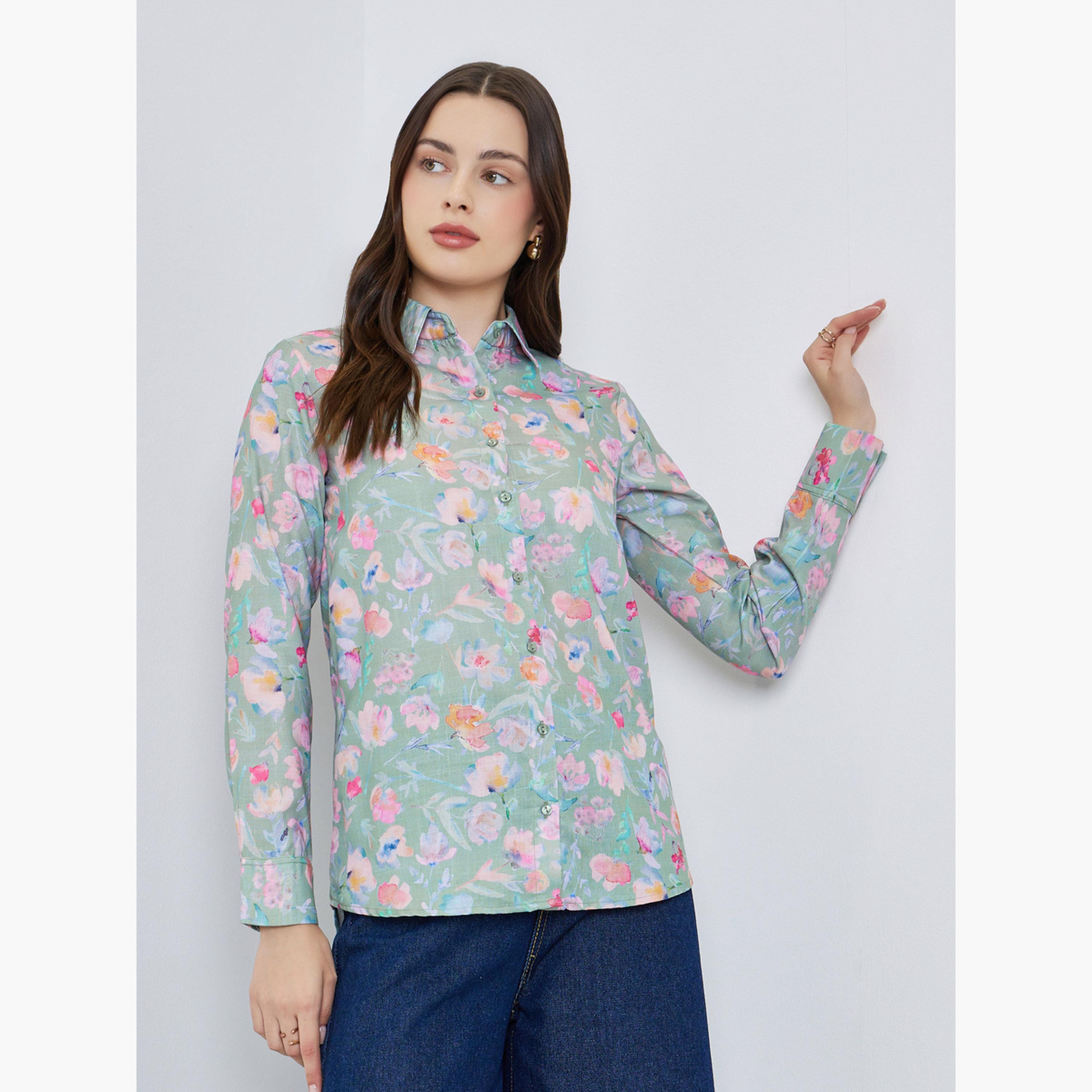 Styli Women Green Floral Print Button-Down Shirt-women-clothing-shirtsandblouses-shirts-image-1
