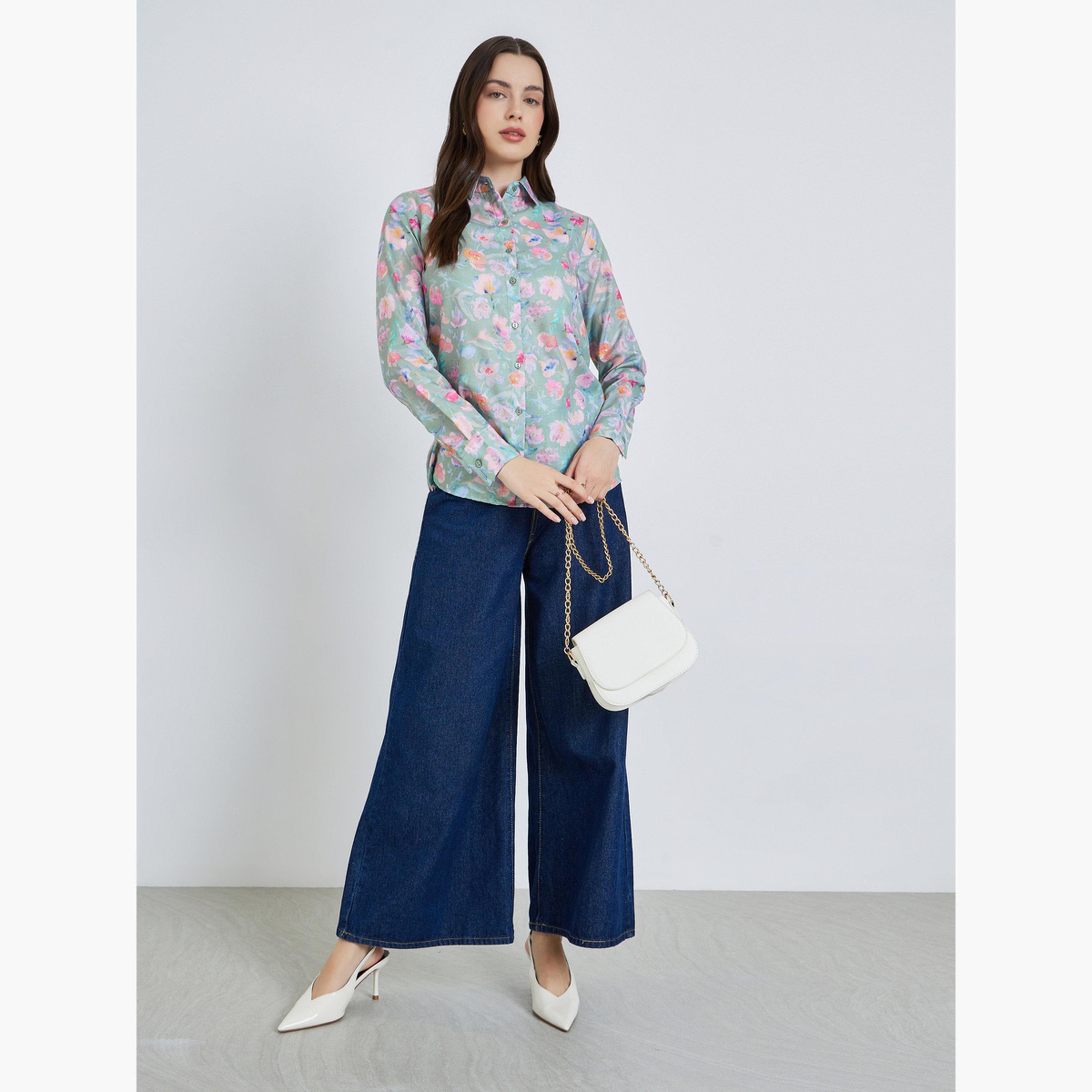 Styli Women Green Floral Print Button-Down Shirt-women-clothing-shirtsandblouses-shirts-image-2
