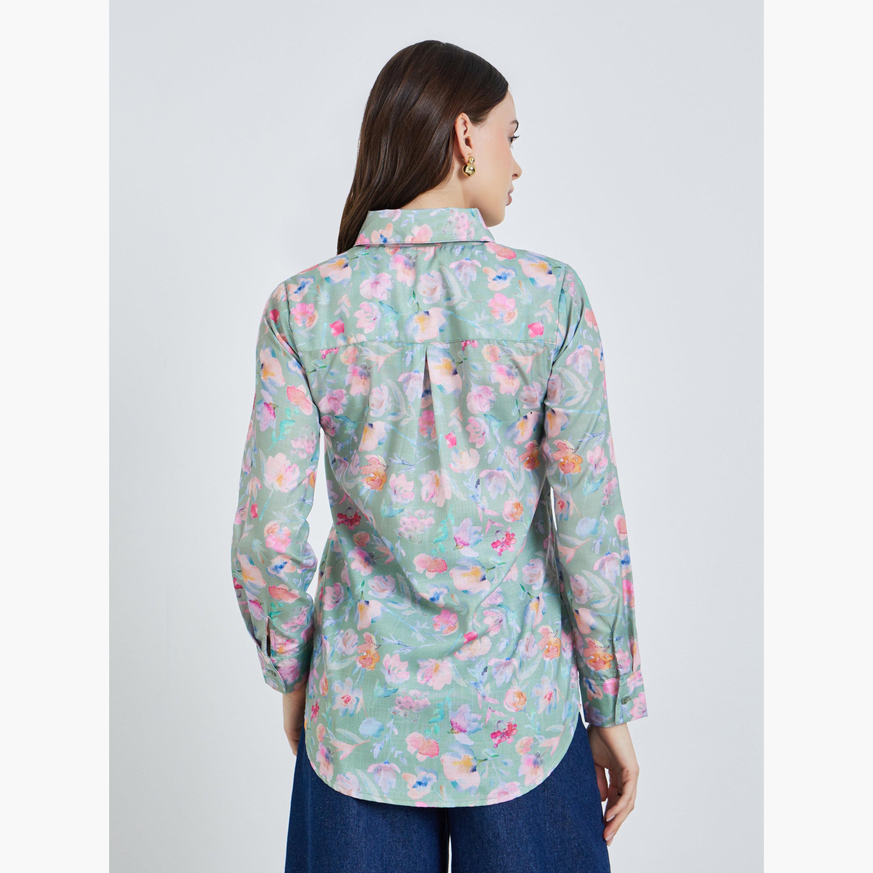 Styli Women Green Floral Print Button-Down Shirt-women-clothing-shirtsandblouses-shirts-image-4