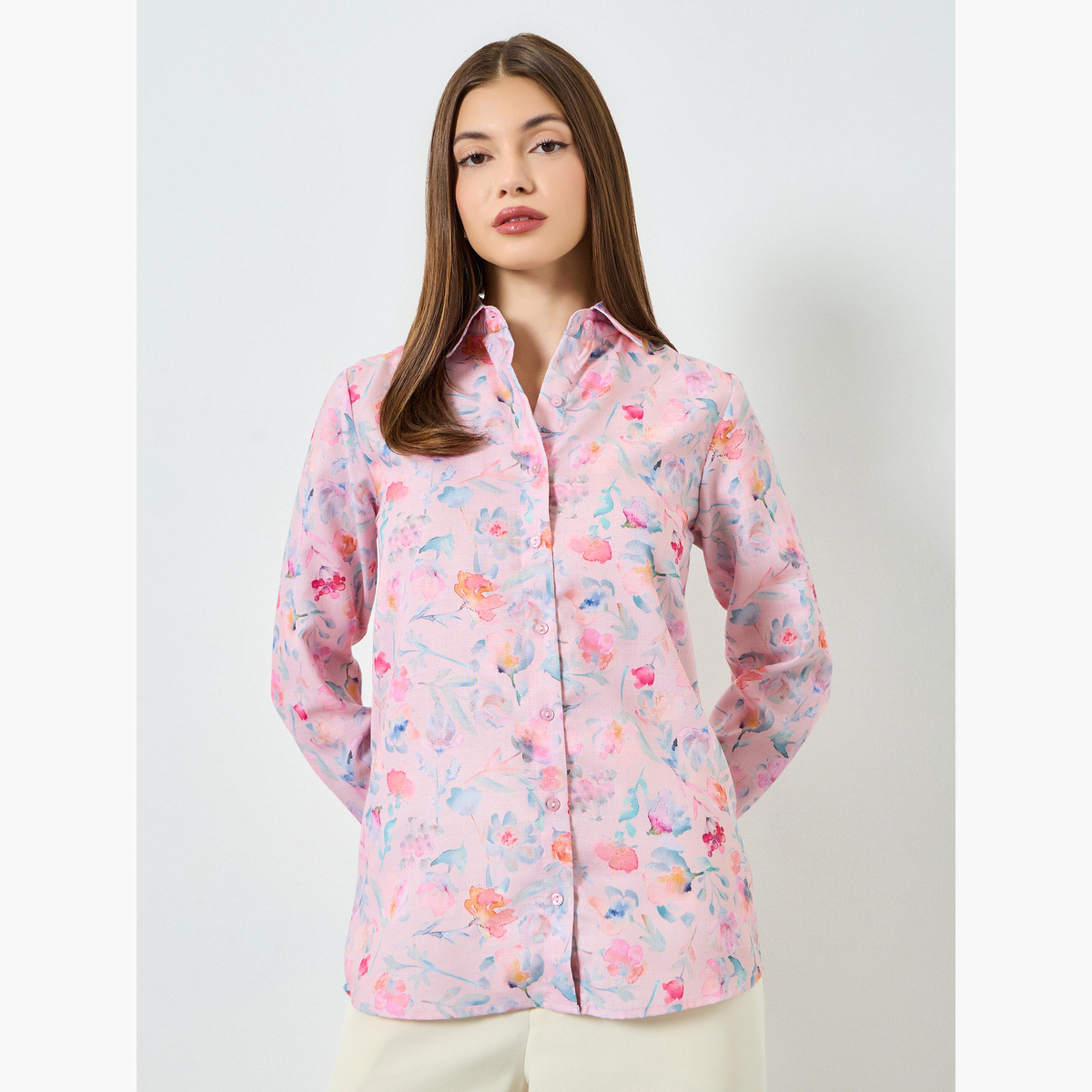 ستايلي - قميص بأكمام طويلة مطبوع عليه زهور وردية-women-clothing-shirtsandblouses-shirts-image-1