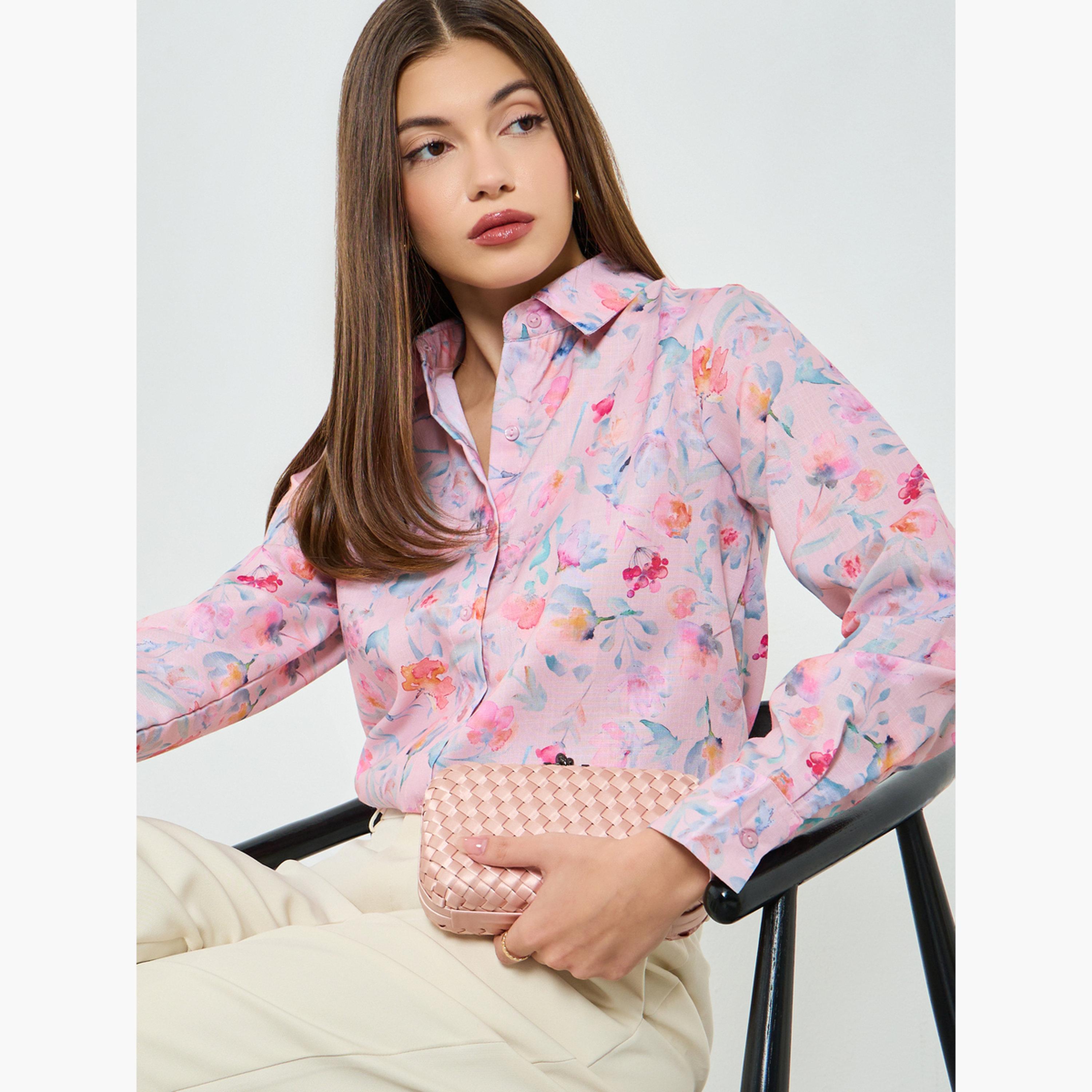ستايلي - قميص بأكمام طويلة مطبوع عليه زهور وردية-women-clothing-shirtsandblouses-shirts-image-3