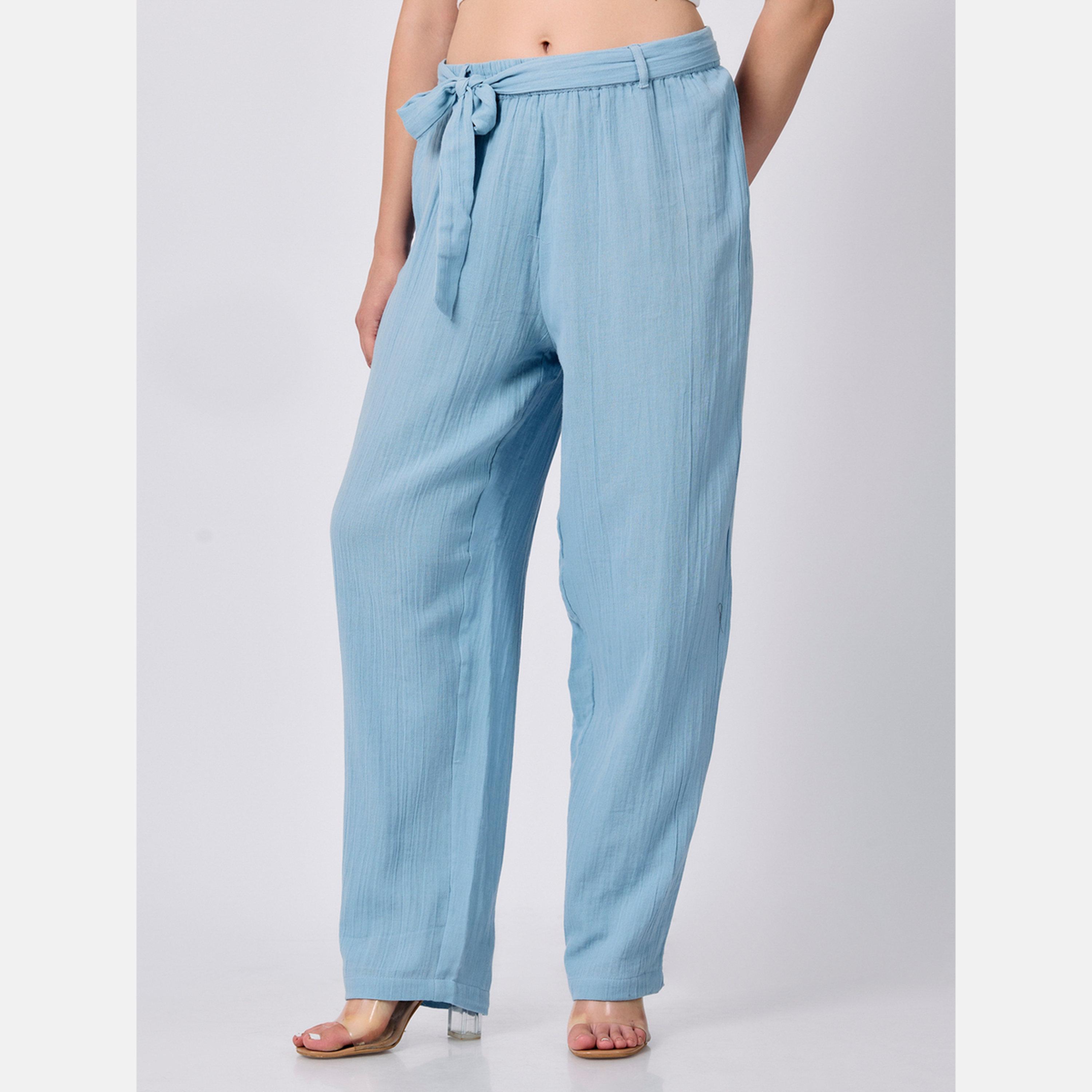 Outzidr X Styli Blue Regular Fit Textured Pants-women-clothing-bottoms-trousers-image-3