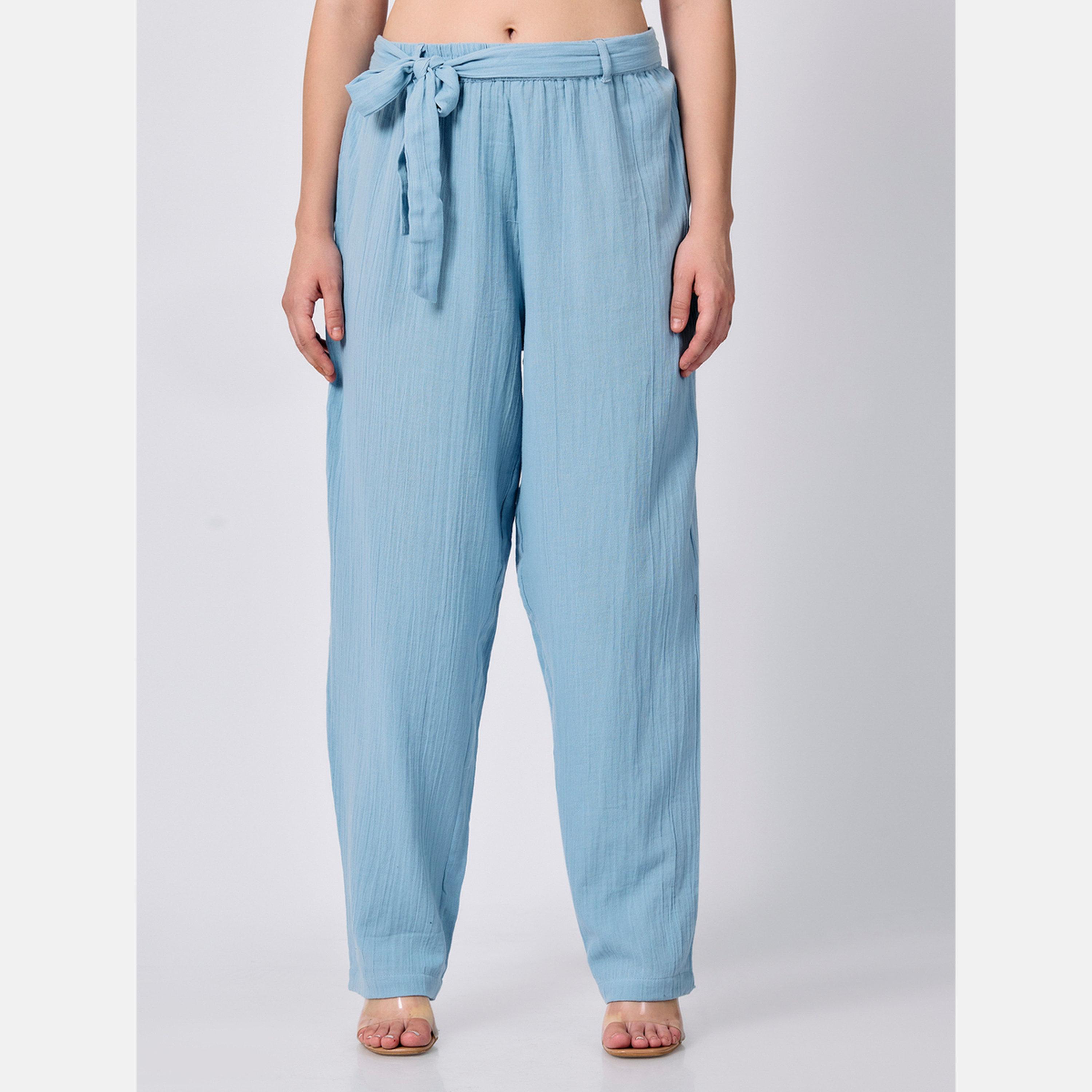 Outzidr X Styli Blue Regular Fit Textured Pants-women-clothing-bottoms-trousers-image-4
