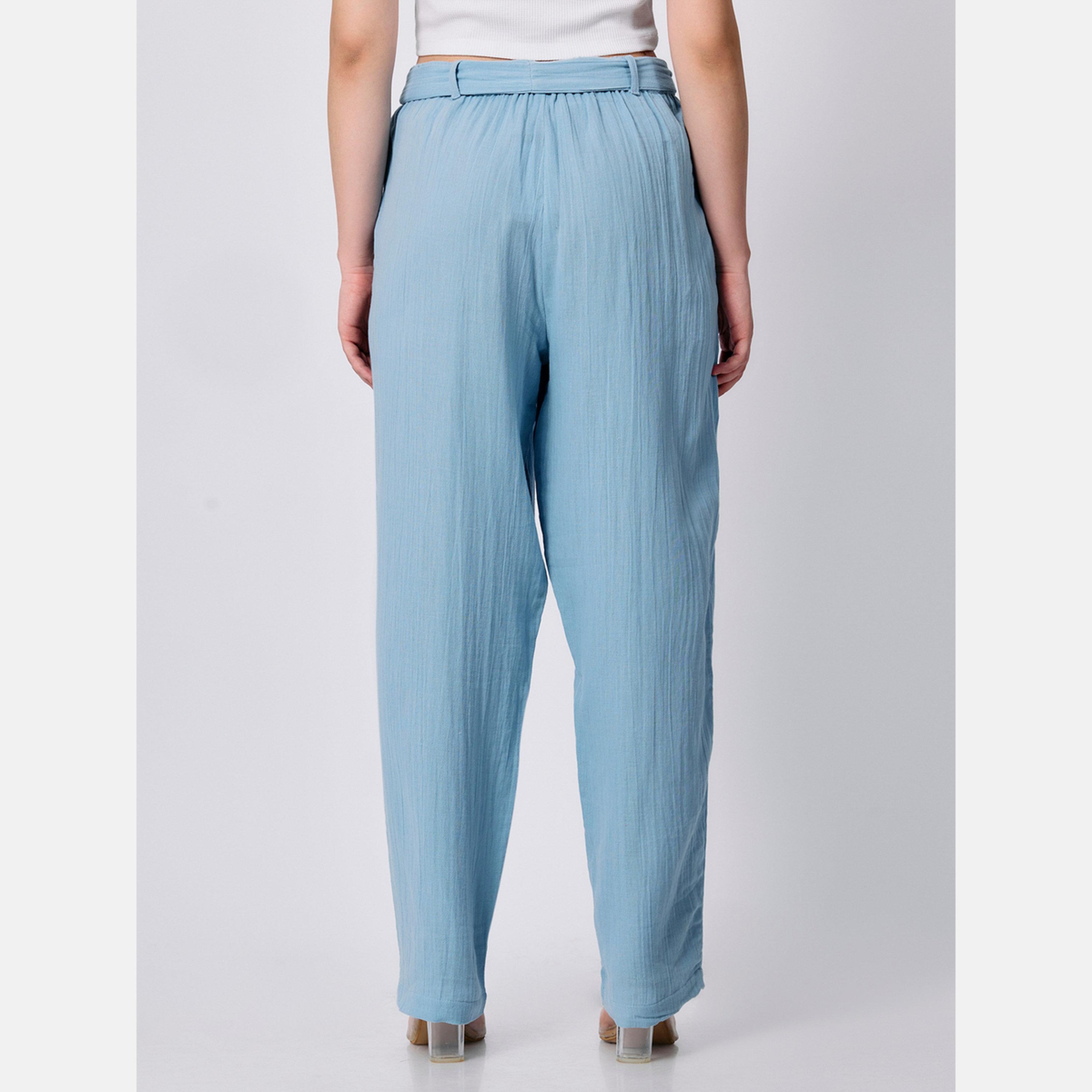Outzidr X Styli Blue Regular Fit Textured Pants-women-clothing-bottoms-trousers-image-5