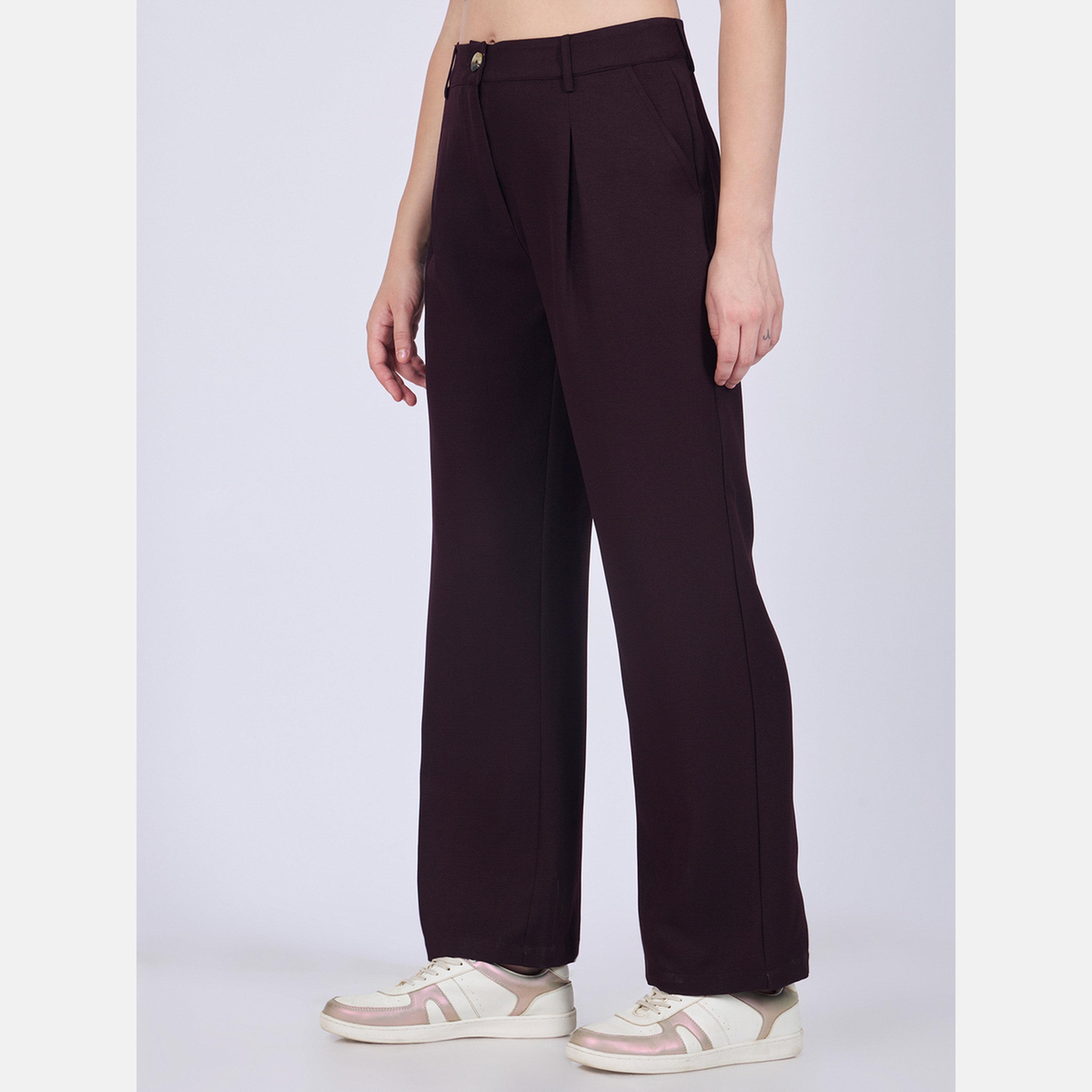 أوتزيدر × ستايلي - بنطال واسع الساق بتفاصيل طيات أرجوانية-women-clothing-bottoms-trousers-image-1