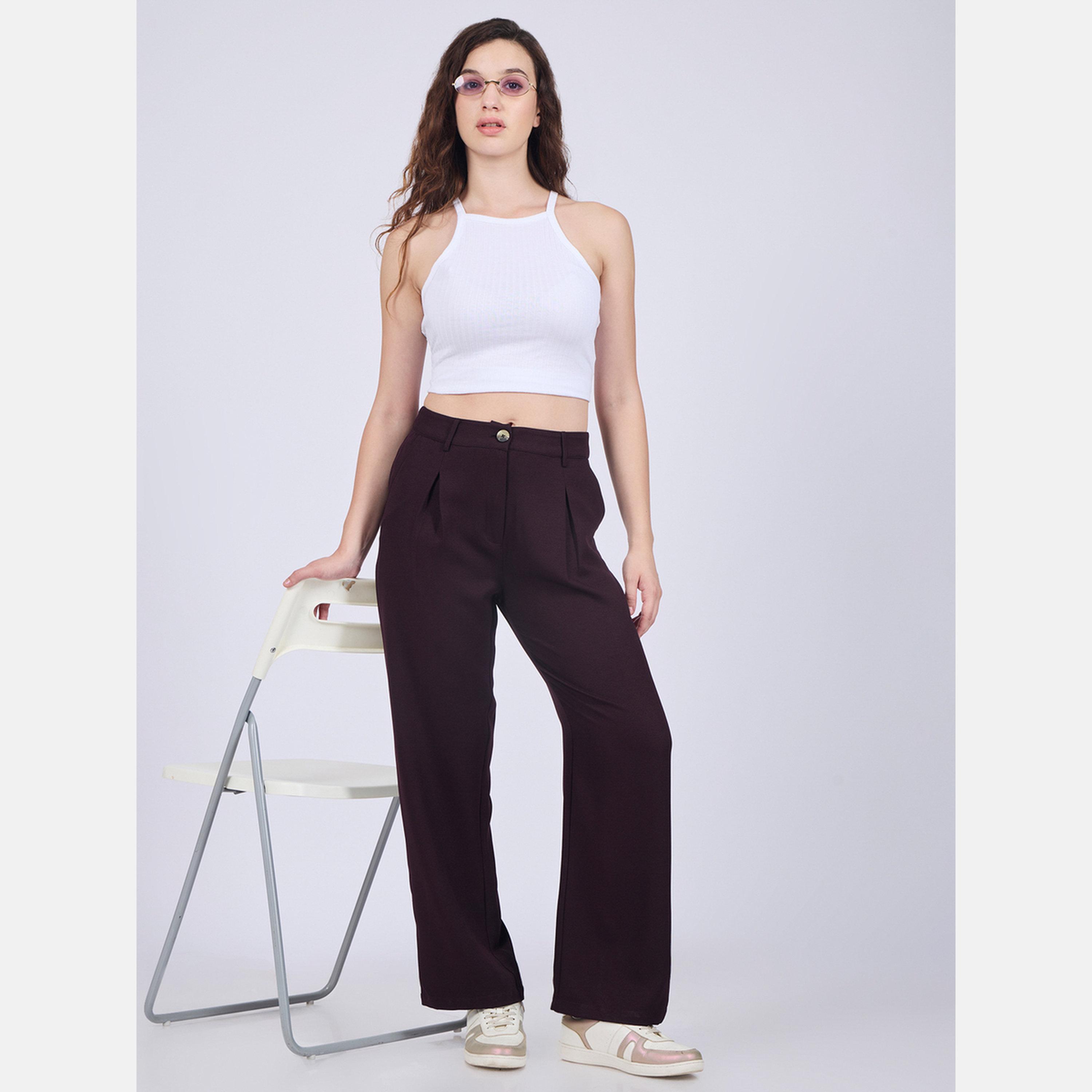 أوتزيدر × ستايلي - بنطال واسع الساق بتفاصيل طيات أرجوانية-women-clothing-bottoms-trousers-image-2