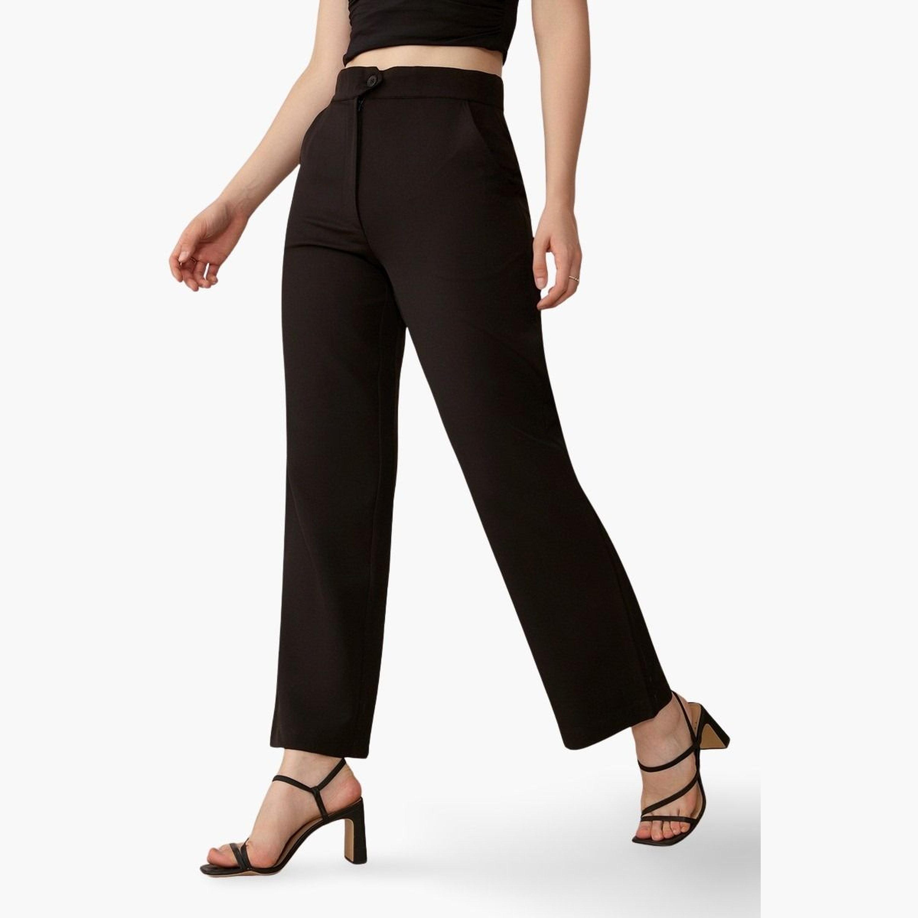 أوتزيدر × ستايلي - بنطال أسود بقصة مستقيمة وحزام خصر متمدد-women-clothing-bottoms-trousers-image-1