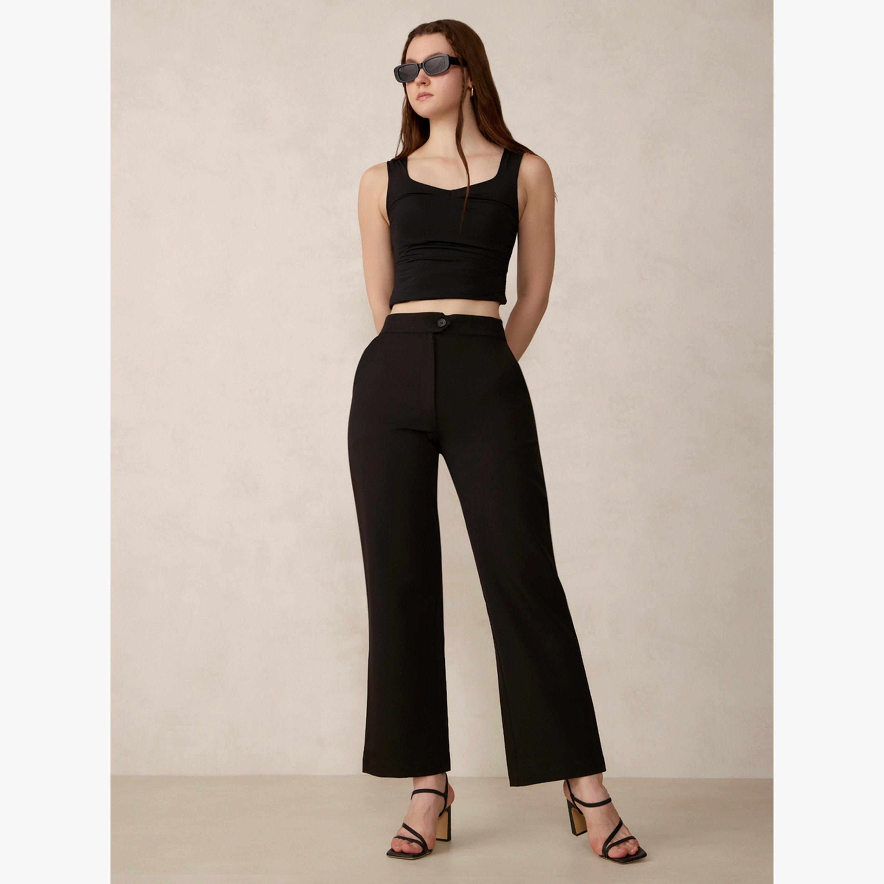 أوتزيدر × ستايلي - بنطال أسود بقصة مستقيمة وحزام خصر متمدد-women-clothing-bottoms-trousers-image-2