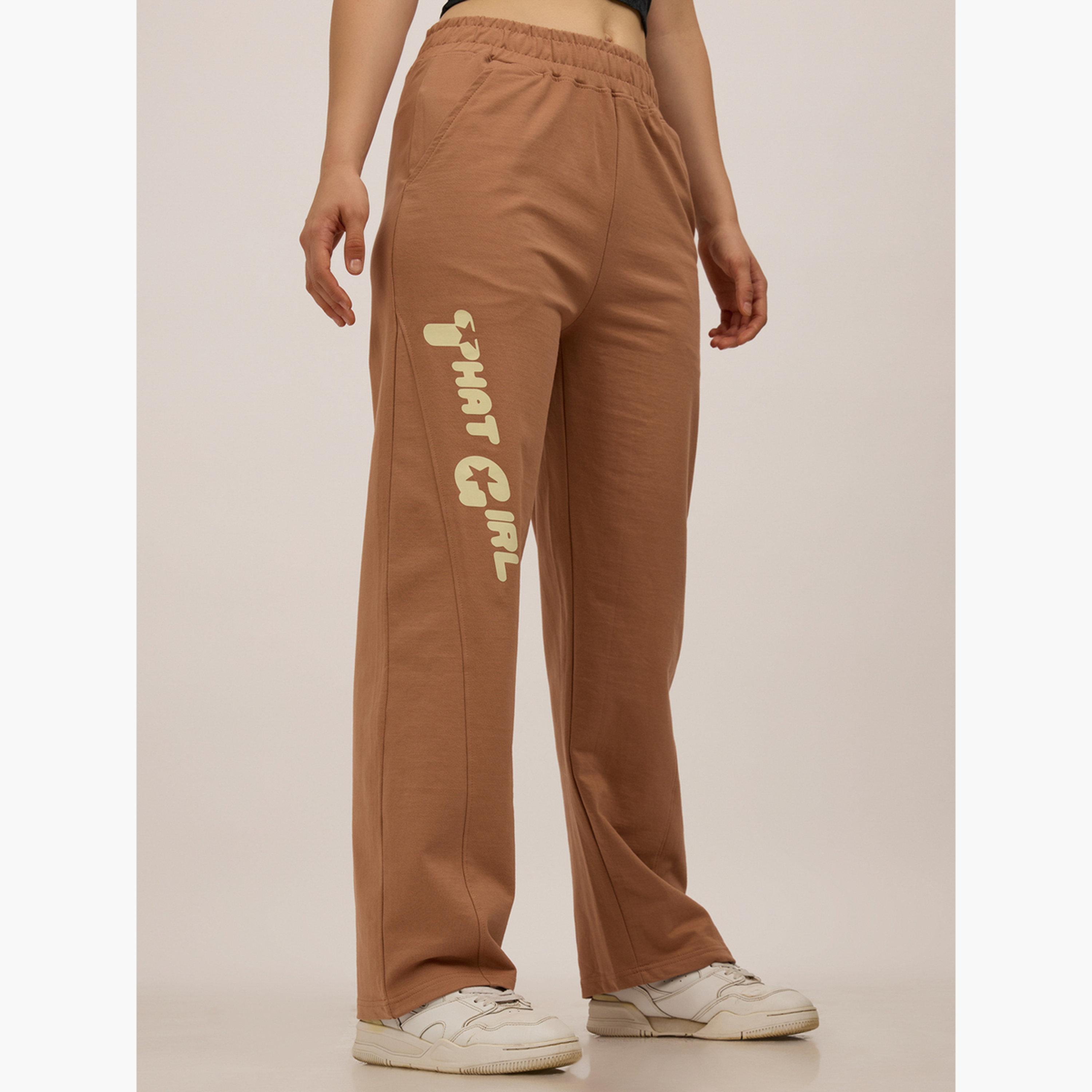 أوتزيدر × ستايلي - بنطال رياضي بني مطبوع مقطوع من الجانب ومحاك-women-clothing-bottoms-joggers-image-2