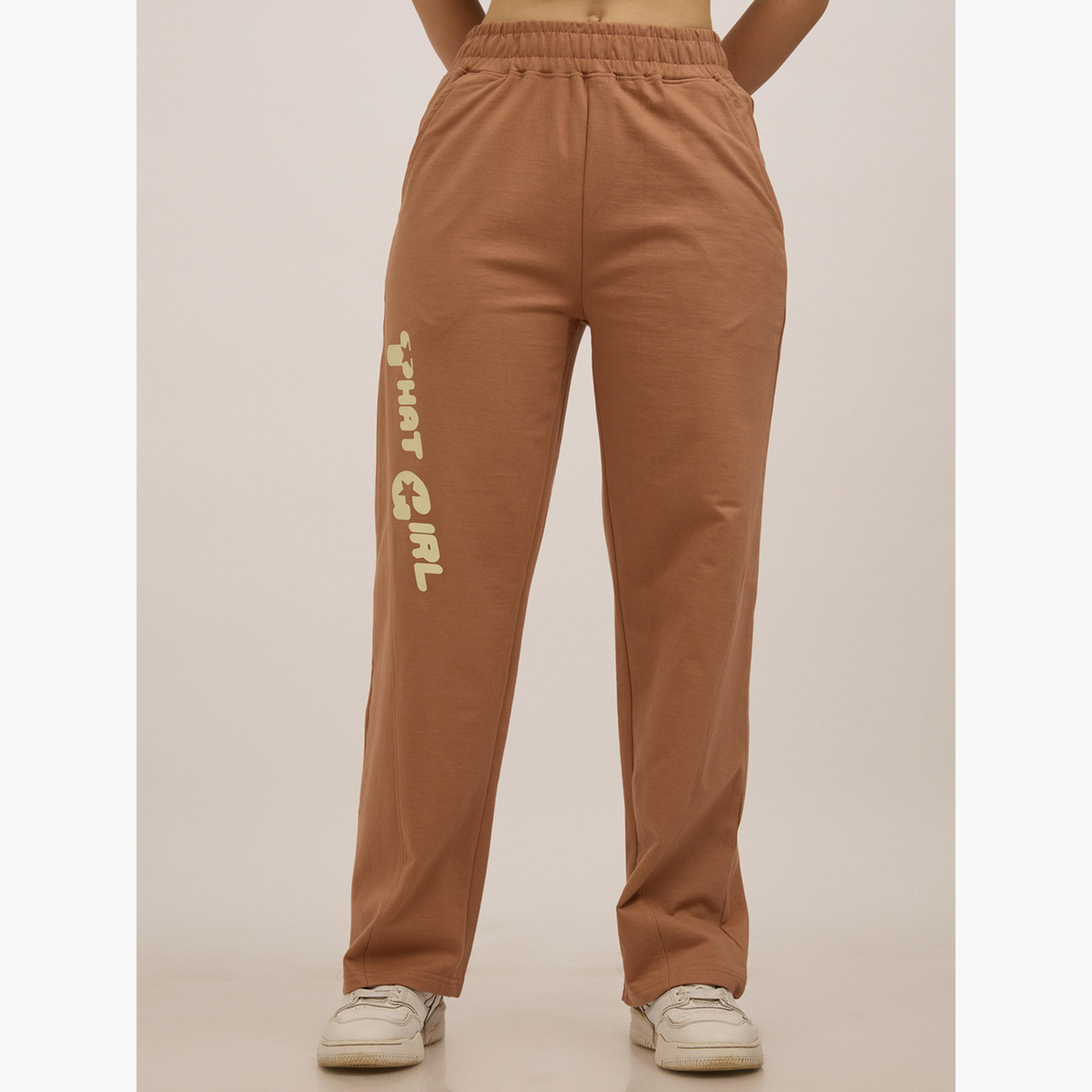 أوتزيدر × ستايلي - بنطال رياضي بني مطبوع مقطوع من الجانب ومحاك-women-clothing-bottoms-joggers-image-5