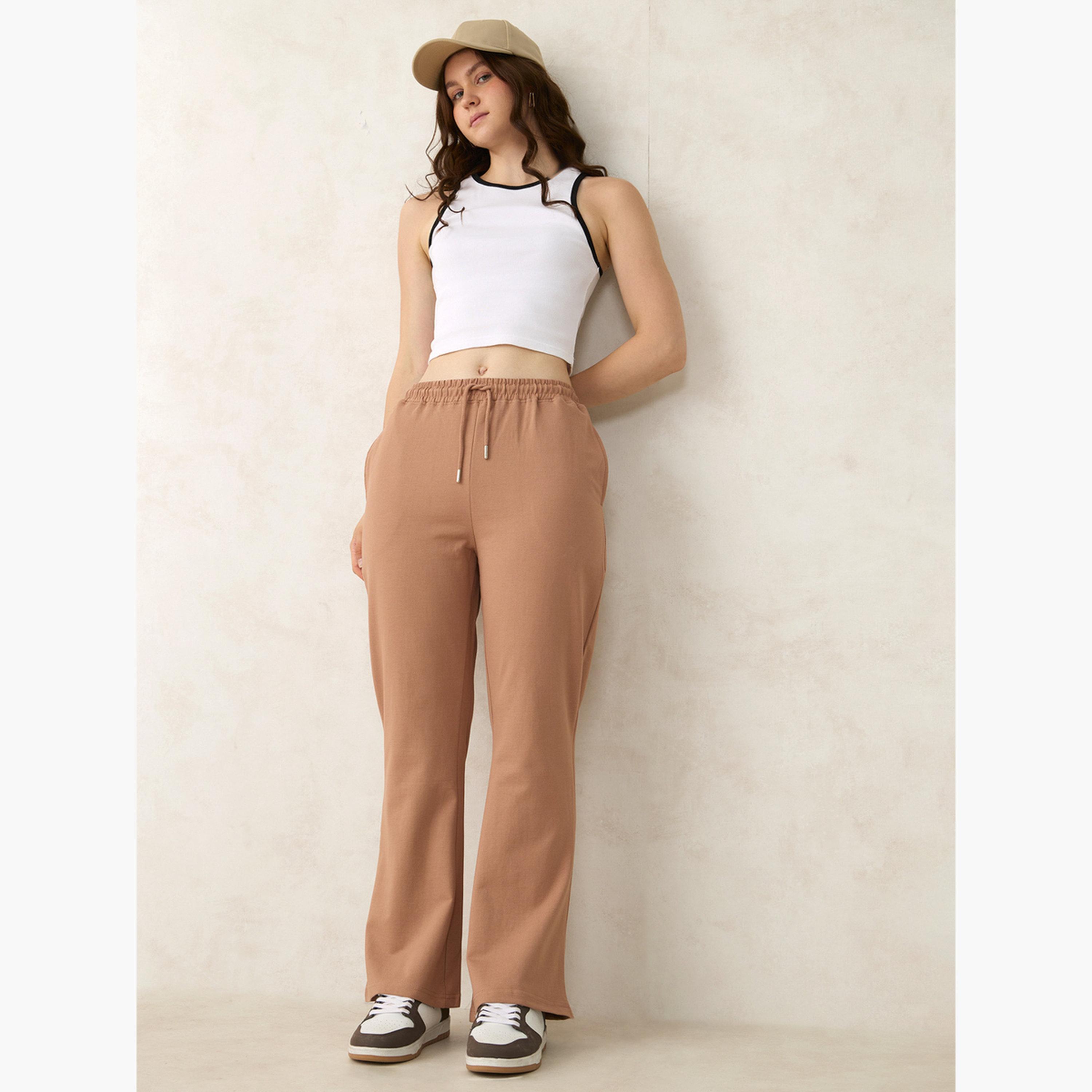 Outzidr X Styli Brown Basic Solid Flared Joggers-women-clothing-bottoms-joggers-image-2