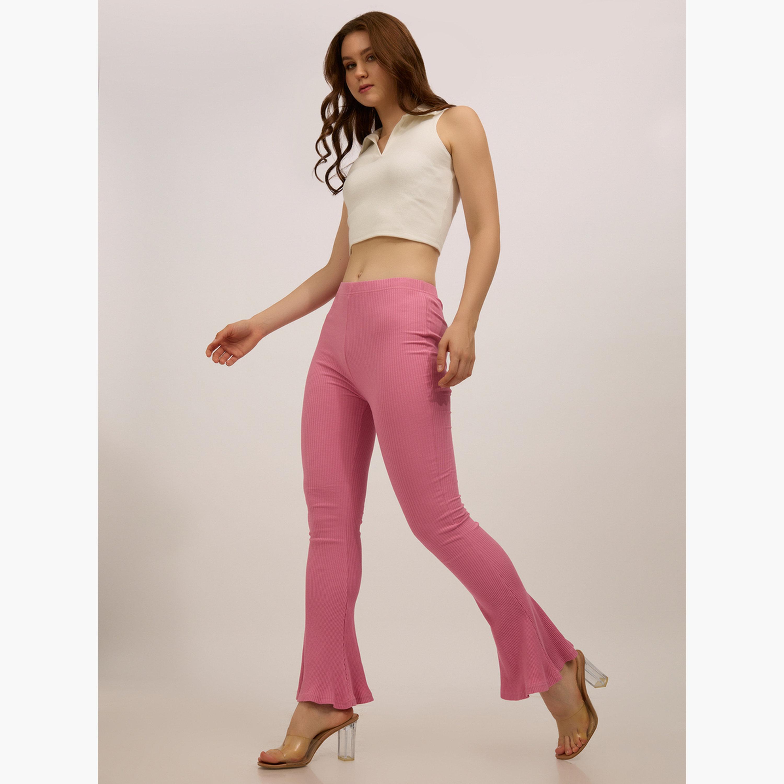 Outzidr X Styli Pink Ribbed Basic Flared Leggings-women-clothing-bottoms-leggings-image-2