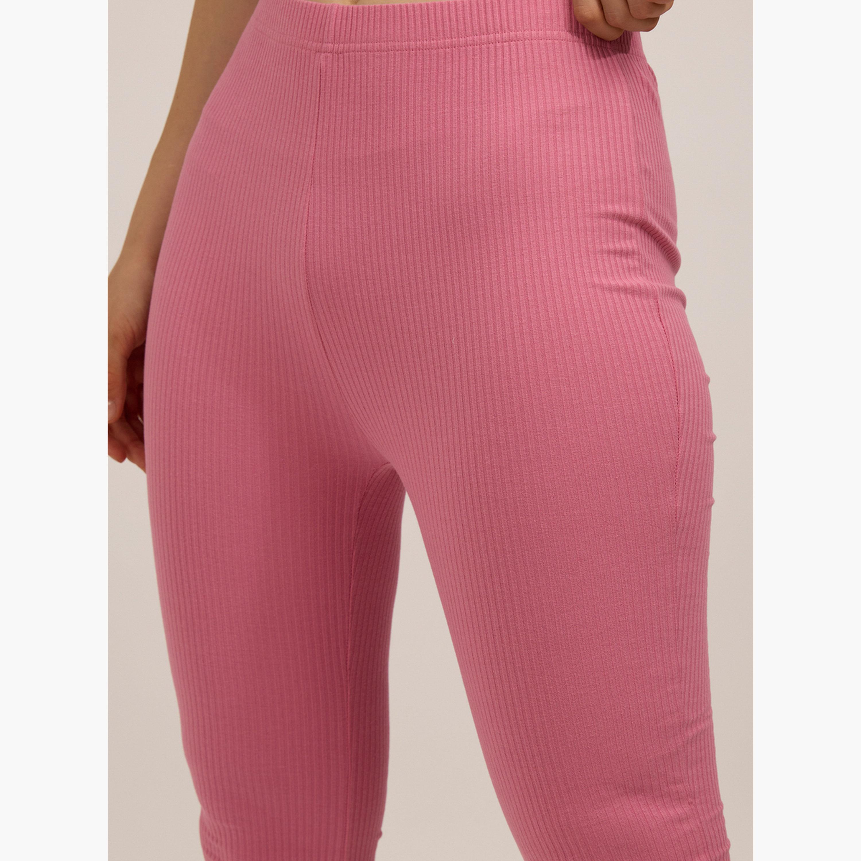 Outzidr X Styli Pink Ribbed Basic Flared Leggings-women-clothing-bottoms-leggings-image-3