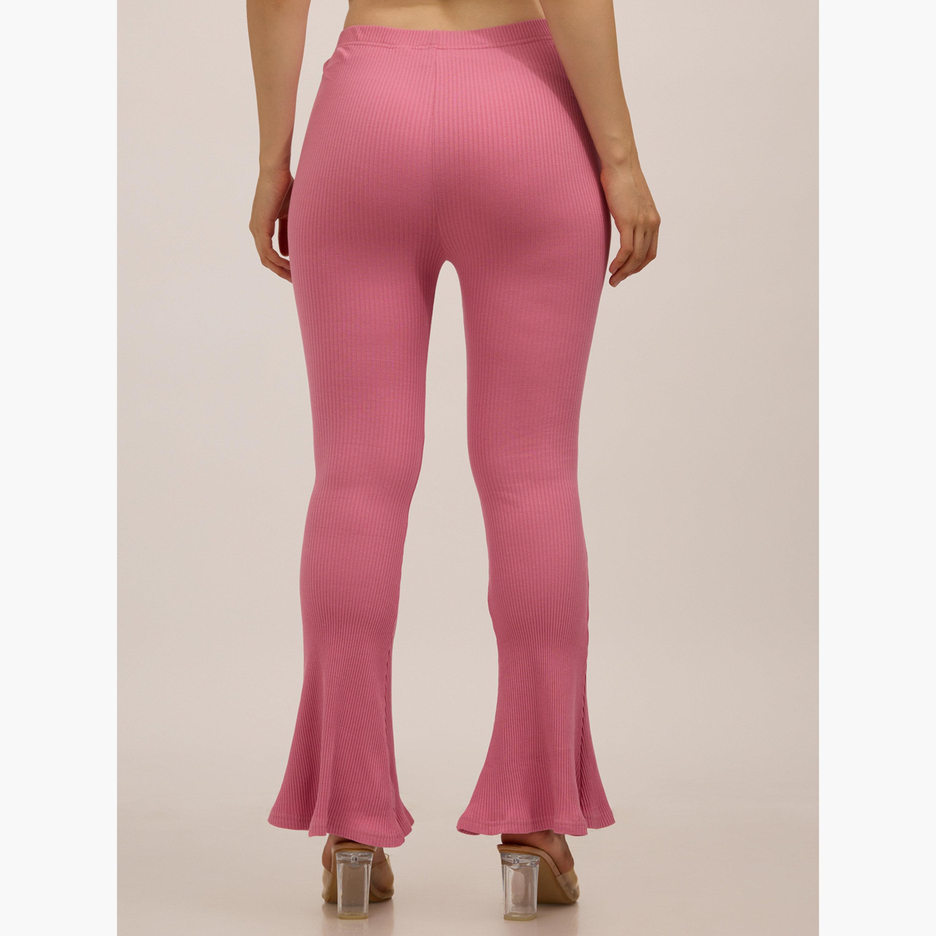 Outzidr X Styli Pink Ribbed Basic Flared Leggings-women-clothing-bottoms-leggings-image-4