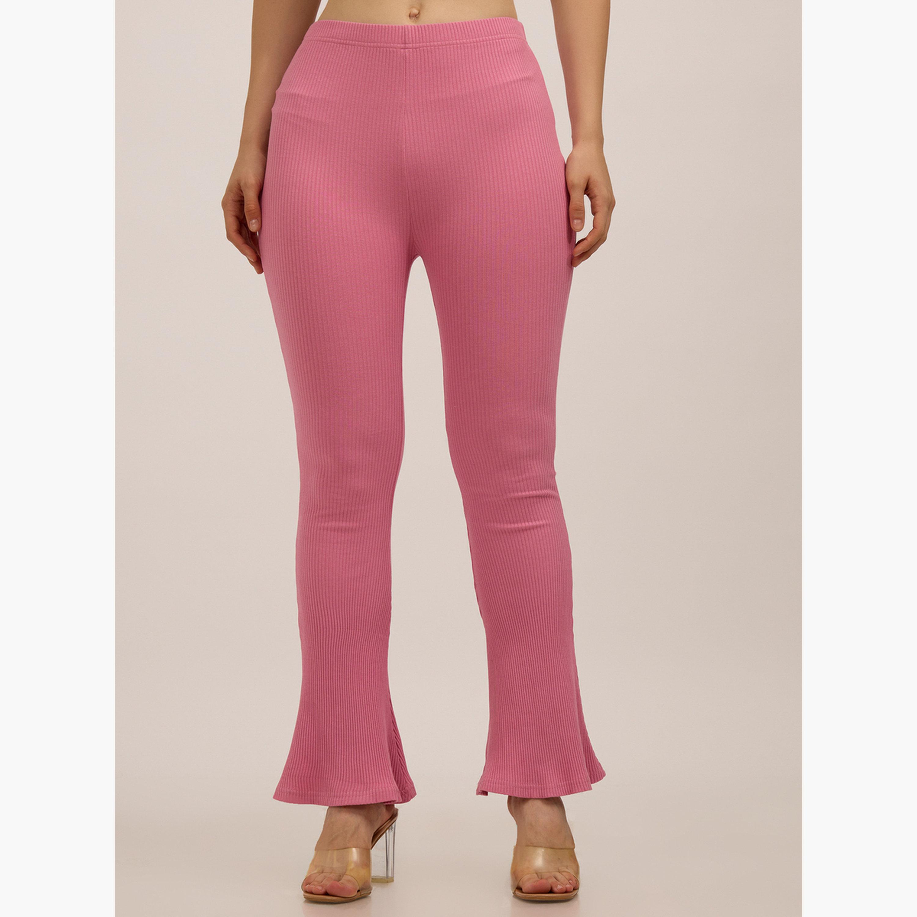 Outzidr X Styli Pink Ribbed Basic Flared Leggings-women-clothing-bottoms-leggings-image-5