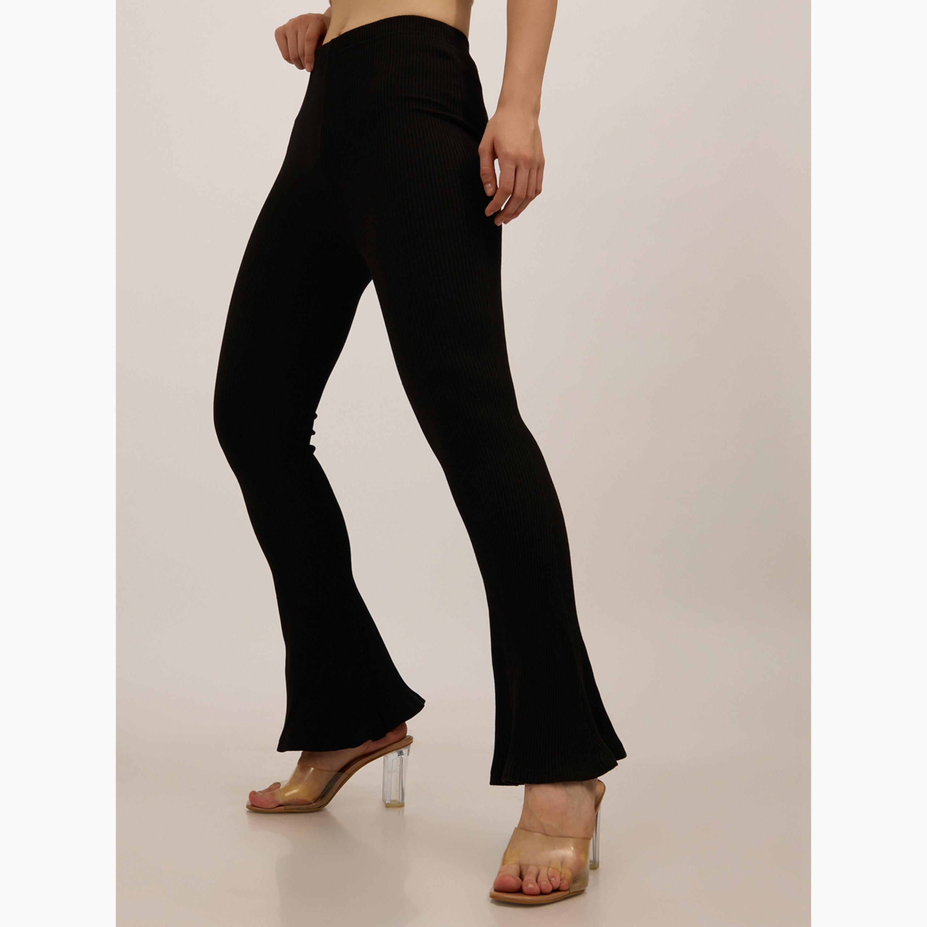 Outzidr X Styli Black Ribbed Basic Flared Leggings-women-clothing-bottoms-leggings-image-1