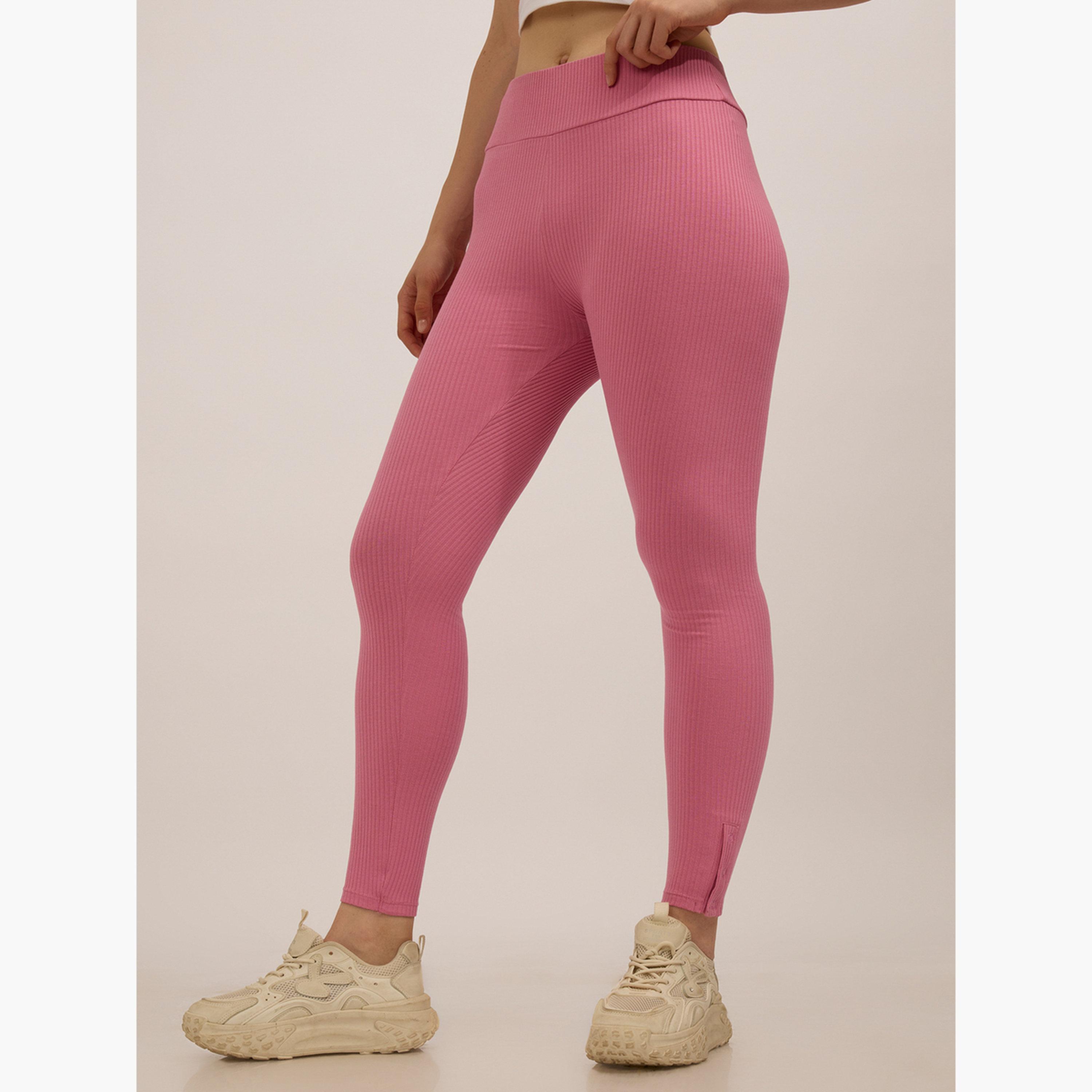 Outzidr X Styli Pink Ribbed Basic Solid Leggings-women-clothing-bottoms-leggings-image-2