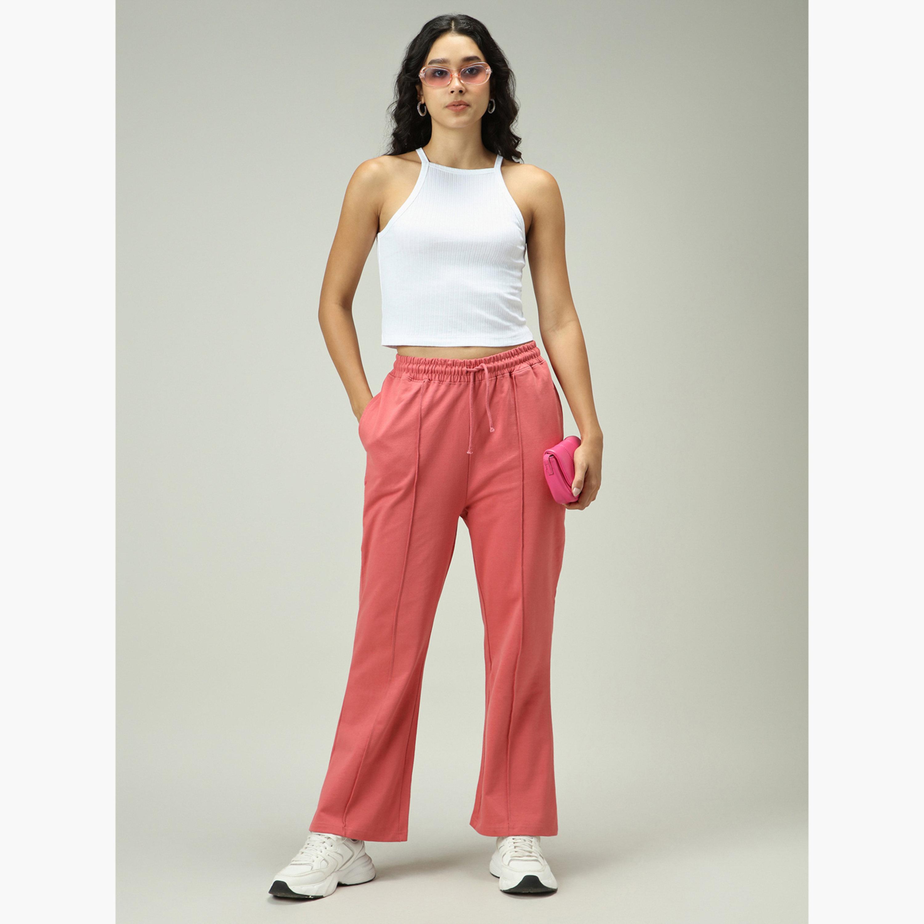 Outzidr X Styli Pink Solid Pintuck Flared Joggers-women-clothing-bottoms-joggers-image-2