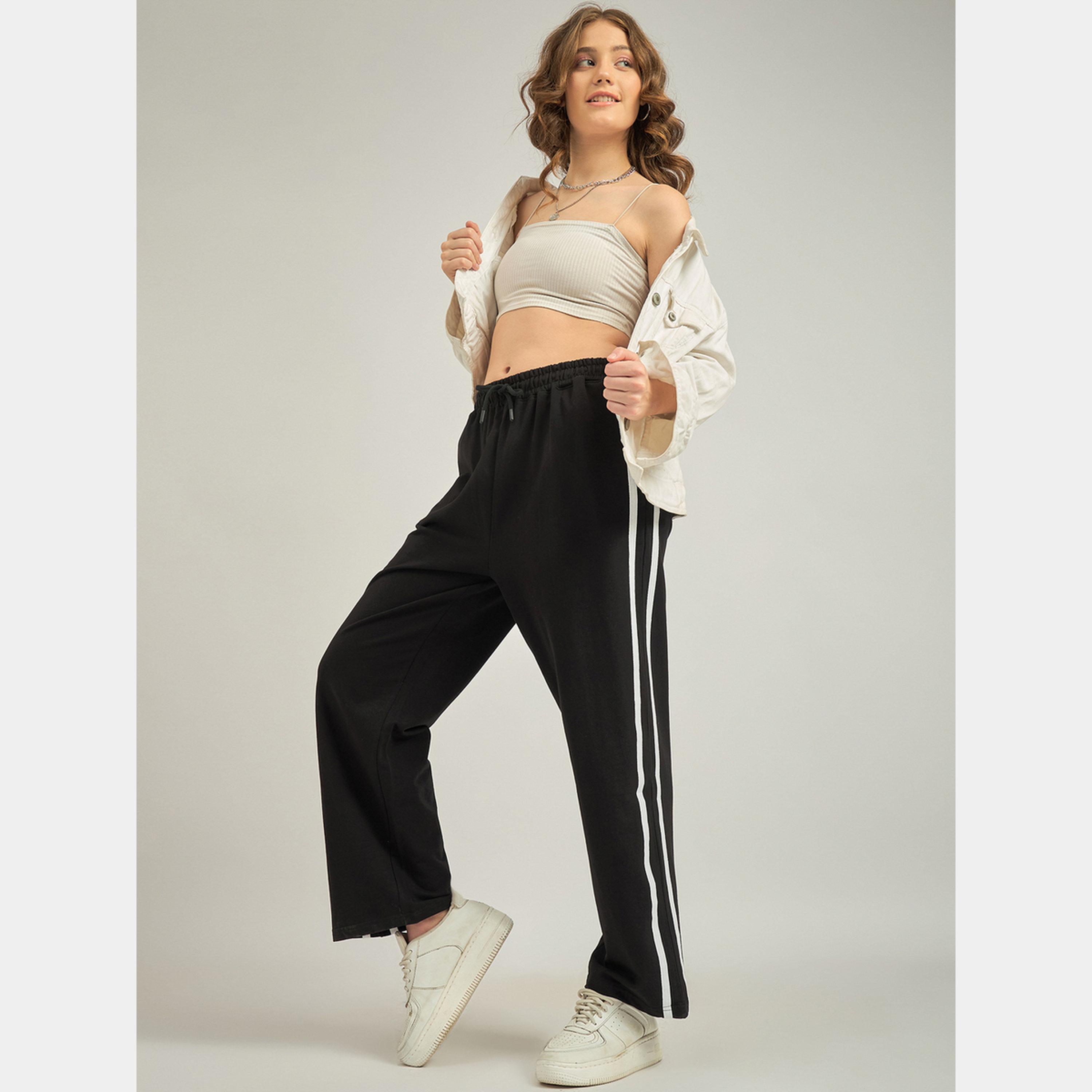 Outzidr X Styli Black Side Tape Straight Leg Joggers-women-clothing-bottoms-joggers-image-2