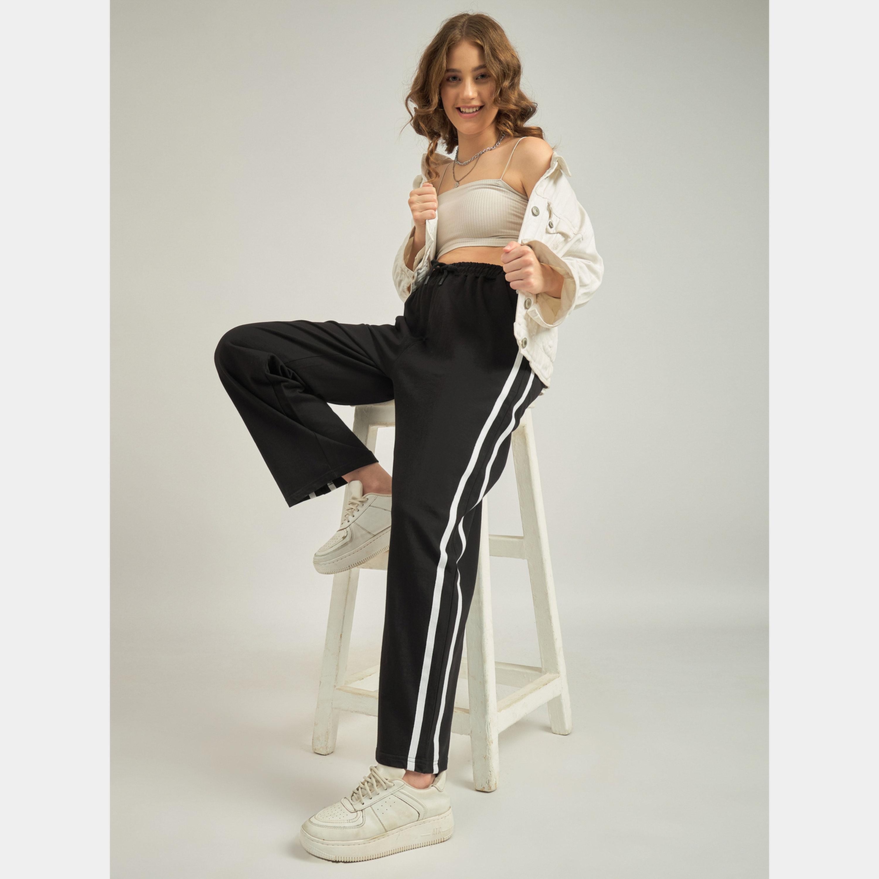 Outzidr X Styli Black Side Tape Straight Leg Joggers-women-clothing-bottoms-joggers-image-6