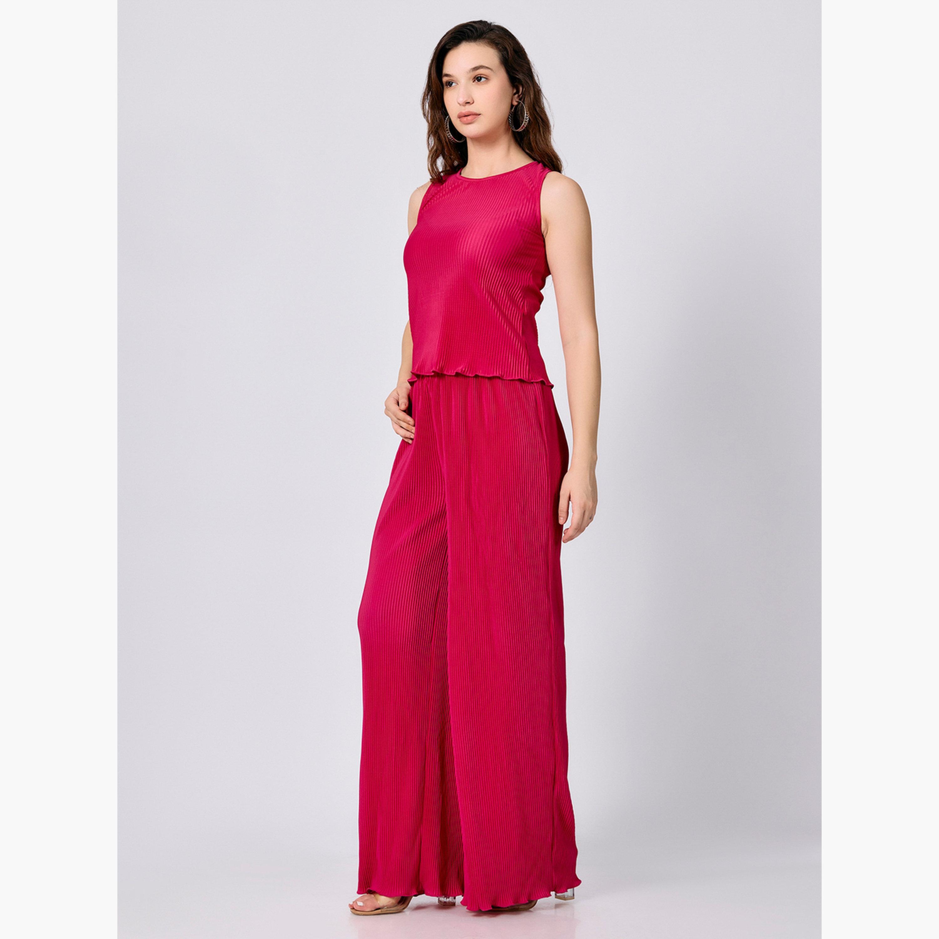 Outzidr X Styli Pink Plisse Top and Straight Fit Pants Co-Ords-women-clothing-coordsets-image-1