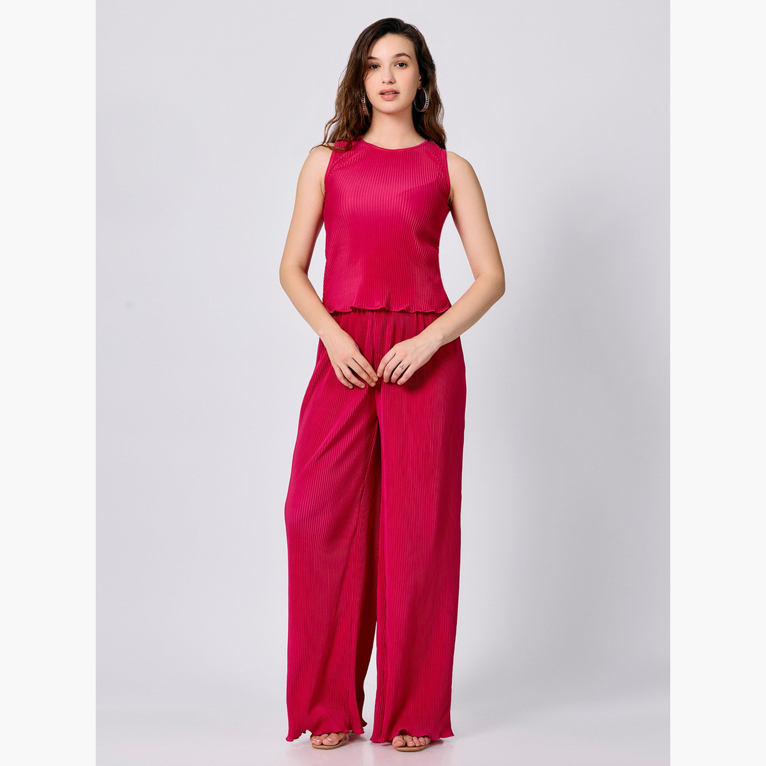 Outzidr X Styli Pink Plisse Top and Straight Fit Pants Co-Ords-women-clothing-coordsets-image-2
