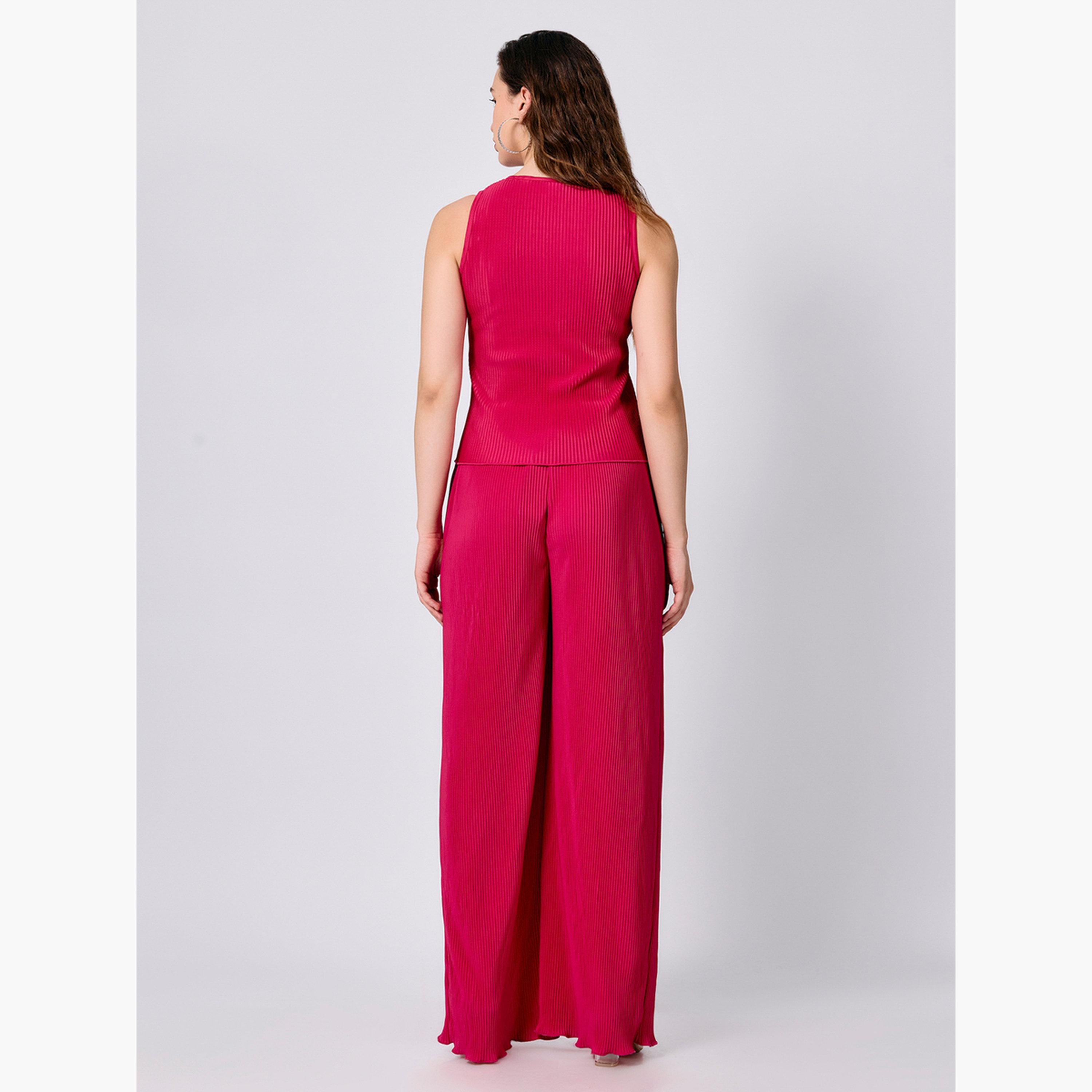 Outzidr X Styli Pink Plisse Top and Straight Fit Pants Co-Ords-women-clothing-coordsets-image-3
