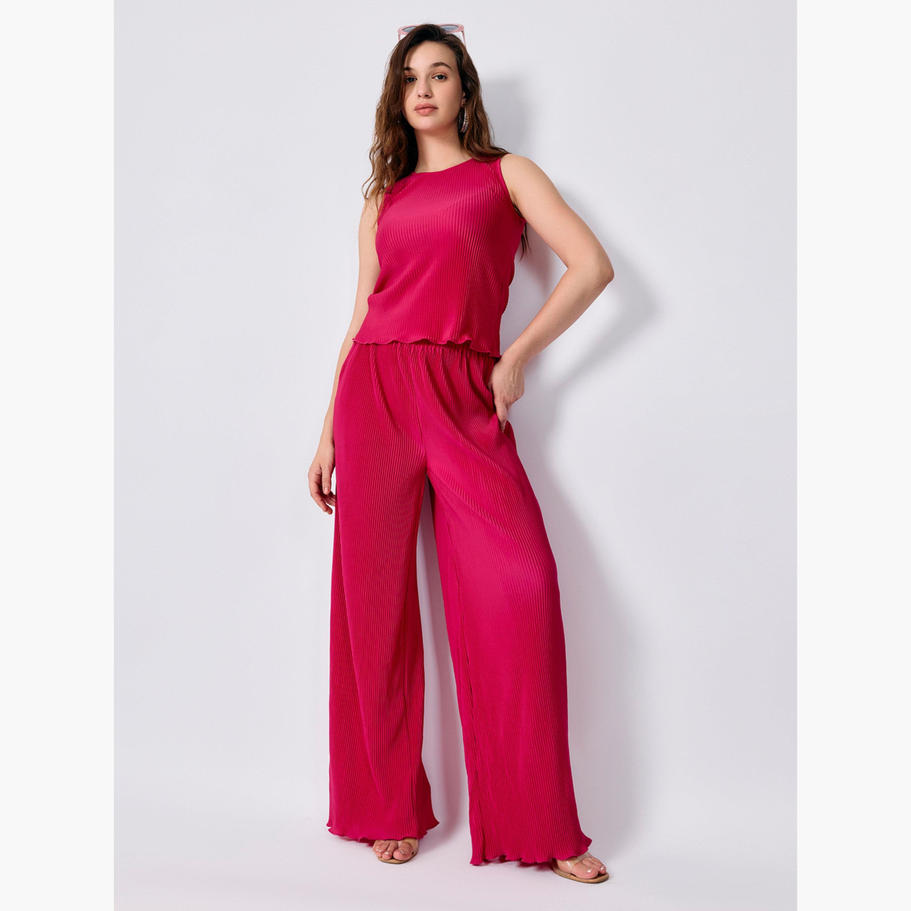 Outzidr X Styli Pink Plisse Top and Straight Fit Pants Co-Ords-women-clothing-coordsets-image-4