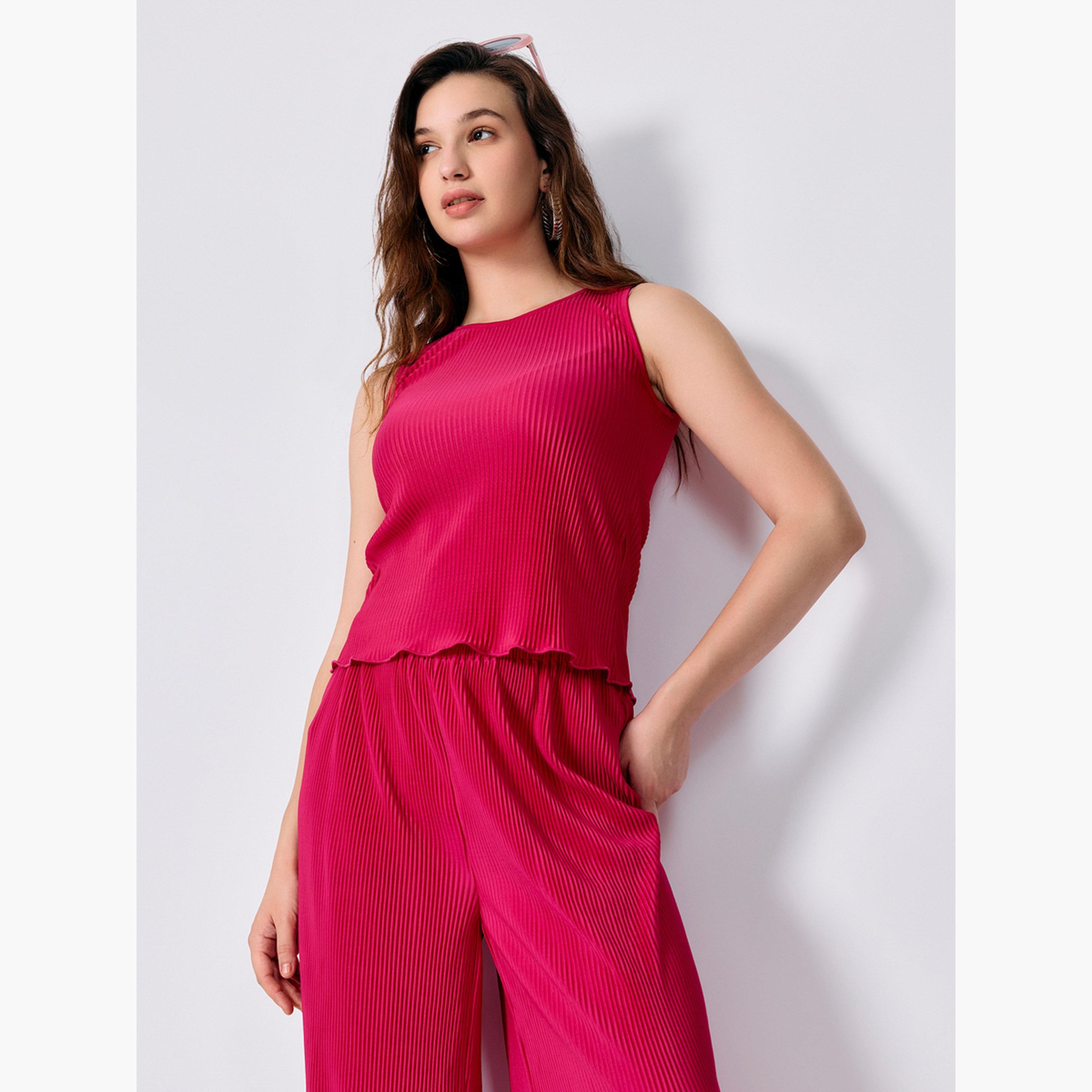 Outzidr X Styli Pink Plisse Top and Straight Fit Pants Co-Ords-women-clothing-coordsets-image-5