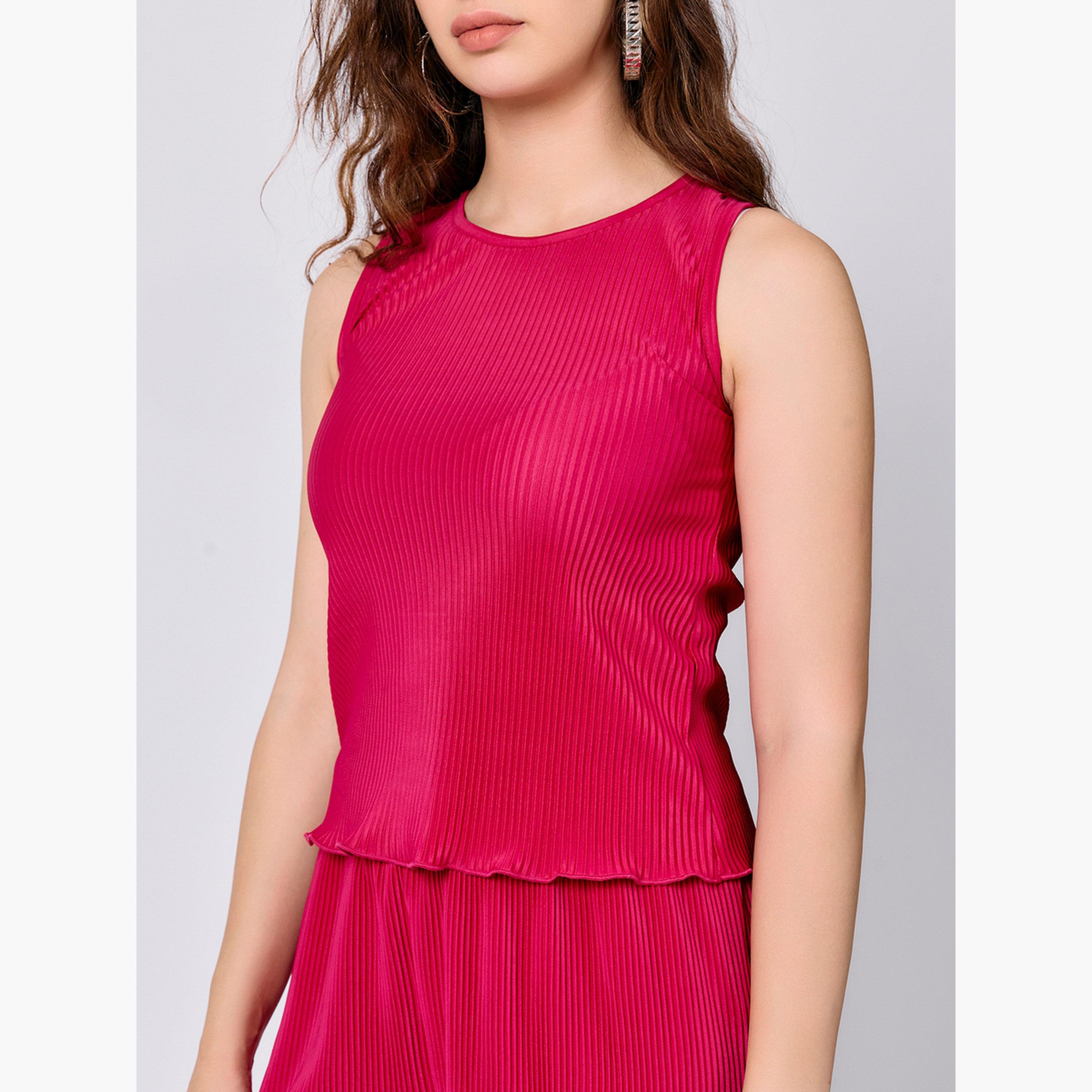 Outzidr X Styli Pink Plisse Top and Straight Fit Pants Co-Ords-women-clothing-coordsets-image-6