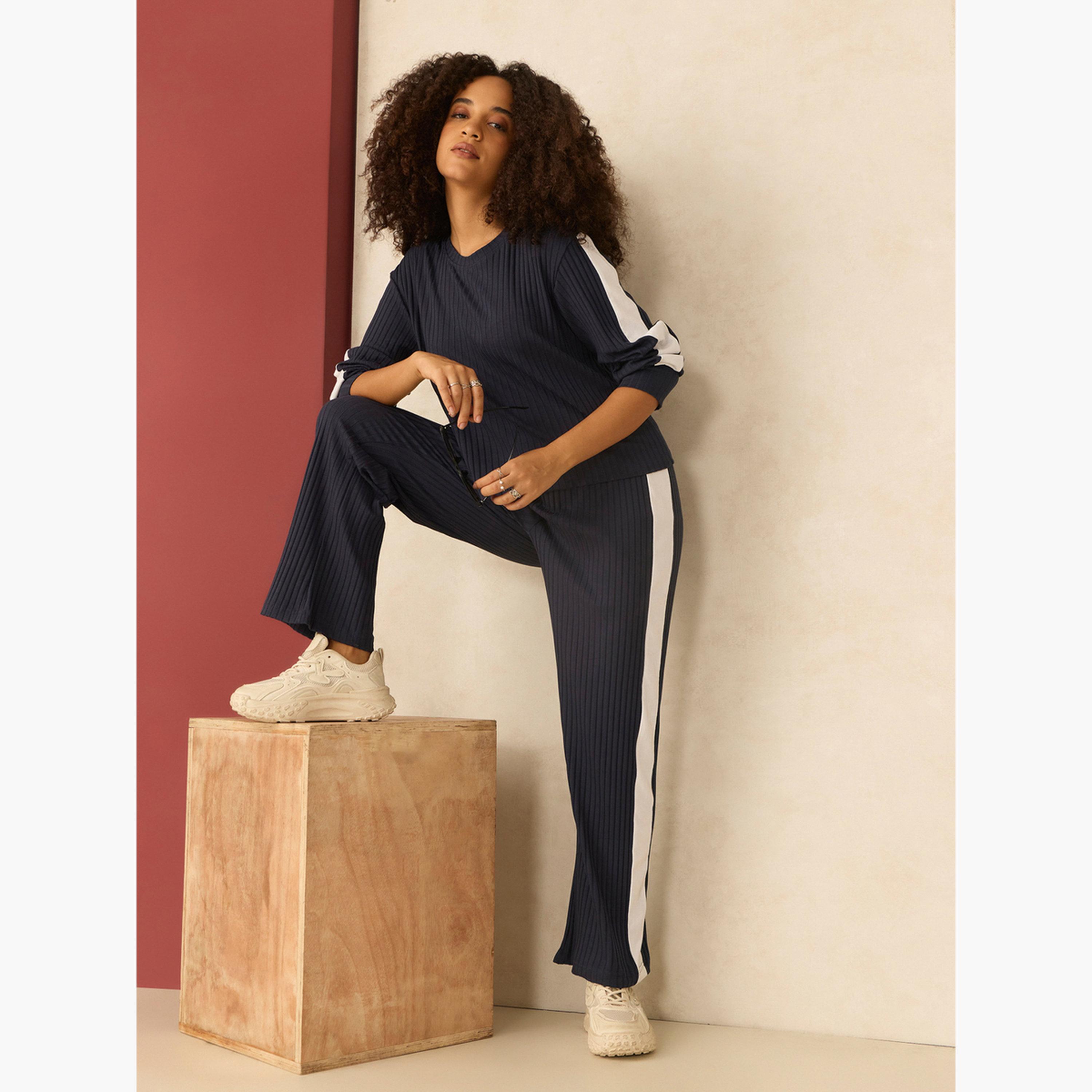 أوتزيدر × ستايلي - بلوزة مضلعة بلوحة متباينة باللون الأزرق البحري وبنطال مستقيم-women-clothing-coordsets-image-2