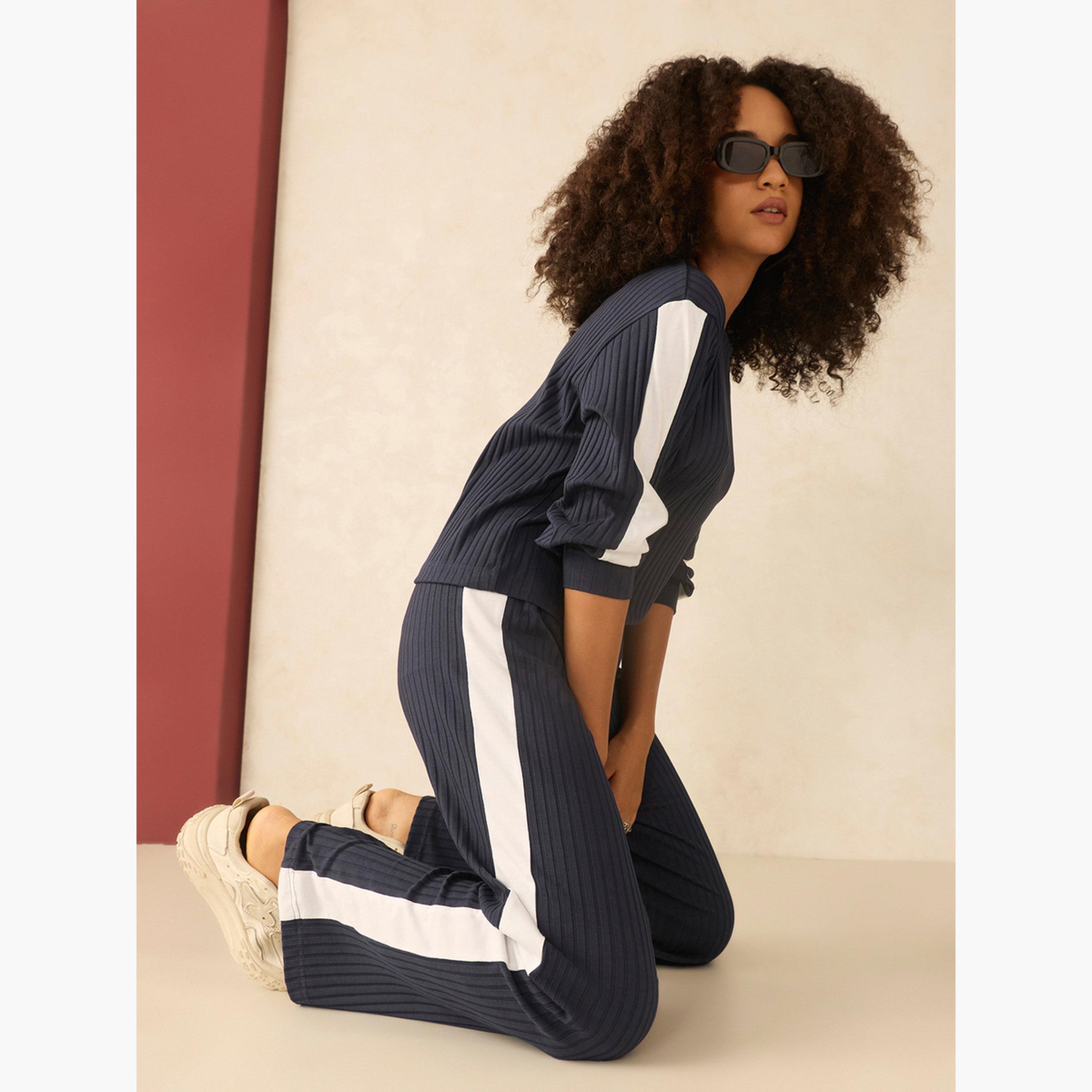 أوتزيدر × ستايلي - بلوزة مضلعة بلوحة متباينة باللون الأزرق البحري وبنطال مستقيم-women-clothing-coordsets-image-3