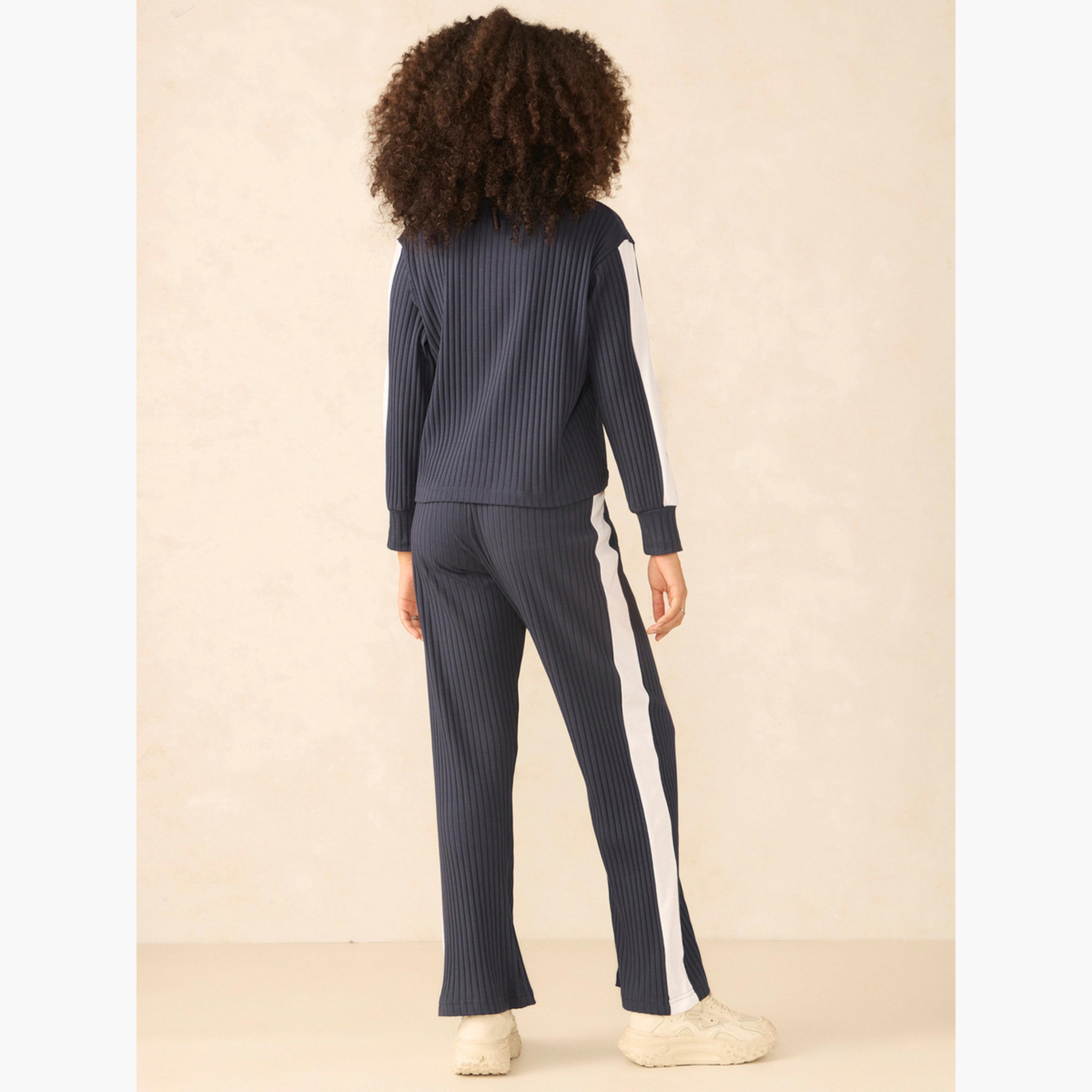 أوتزيدر × ستايلي - بلوزة مضلعة بلوحة متباينة باللون الأزرق البحري وبنطال مستقيم-women-clothing-coordsets-image-4